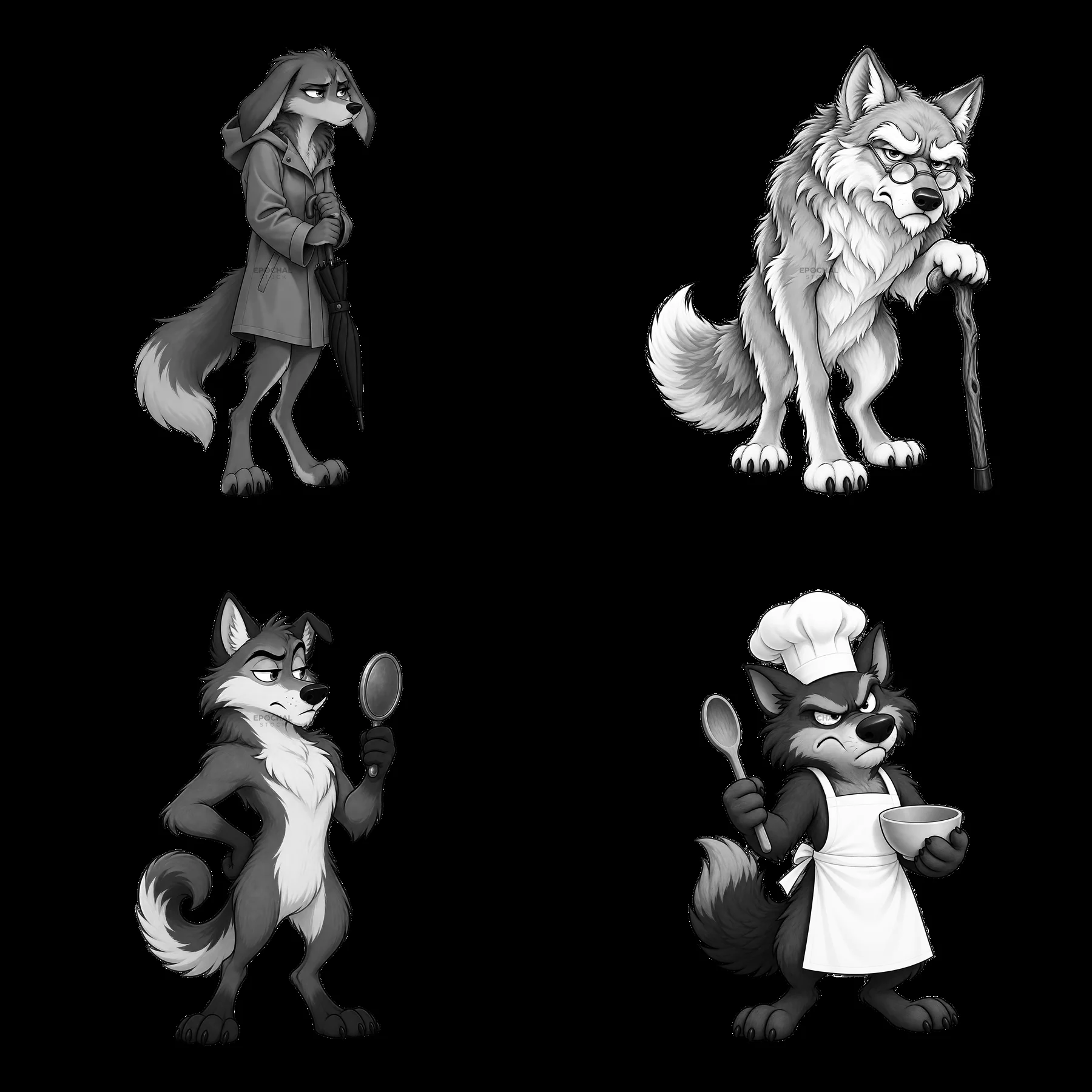 Grumpy wolf cartoon stickers in various poses and actions - AI-generated stock image