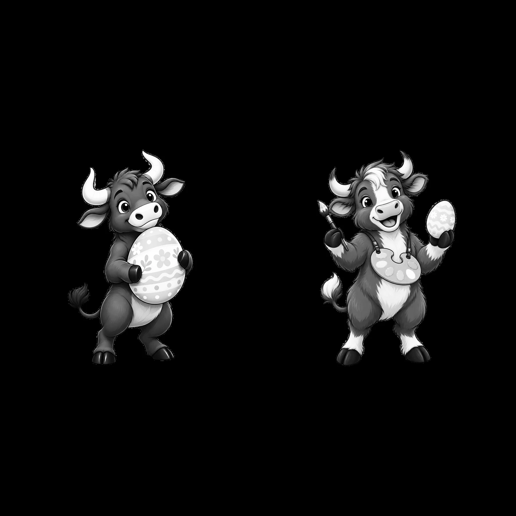 Easter ox characters holding decorated eggs in a playful pose - AI-generated stock image