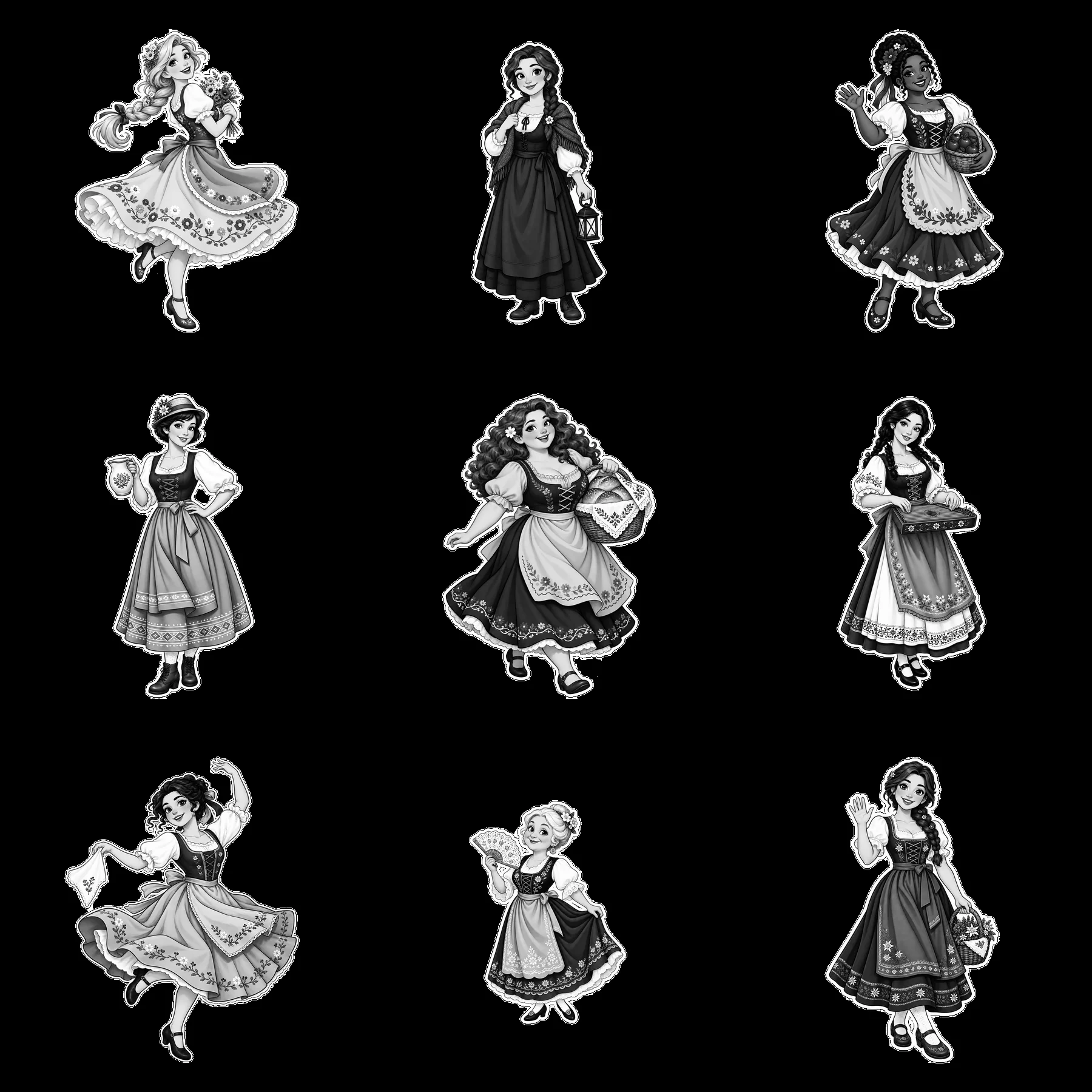 Women in traditional folk dress in a 3x3 grid design - AI-generated stock image