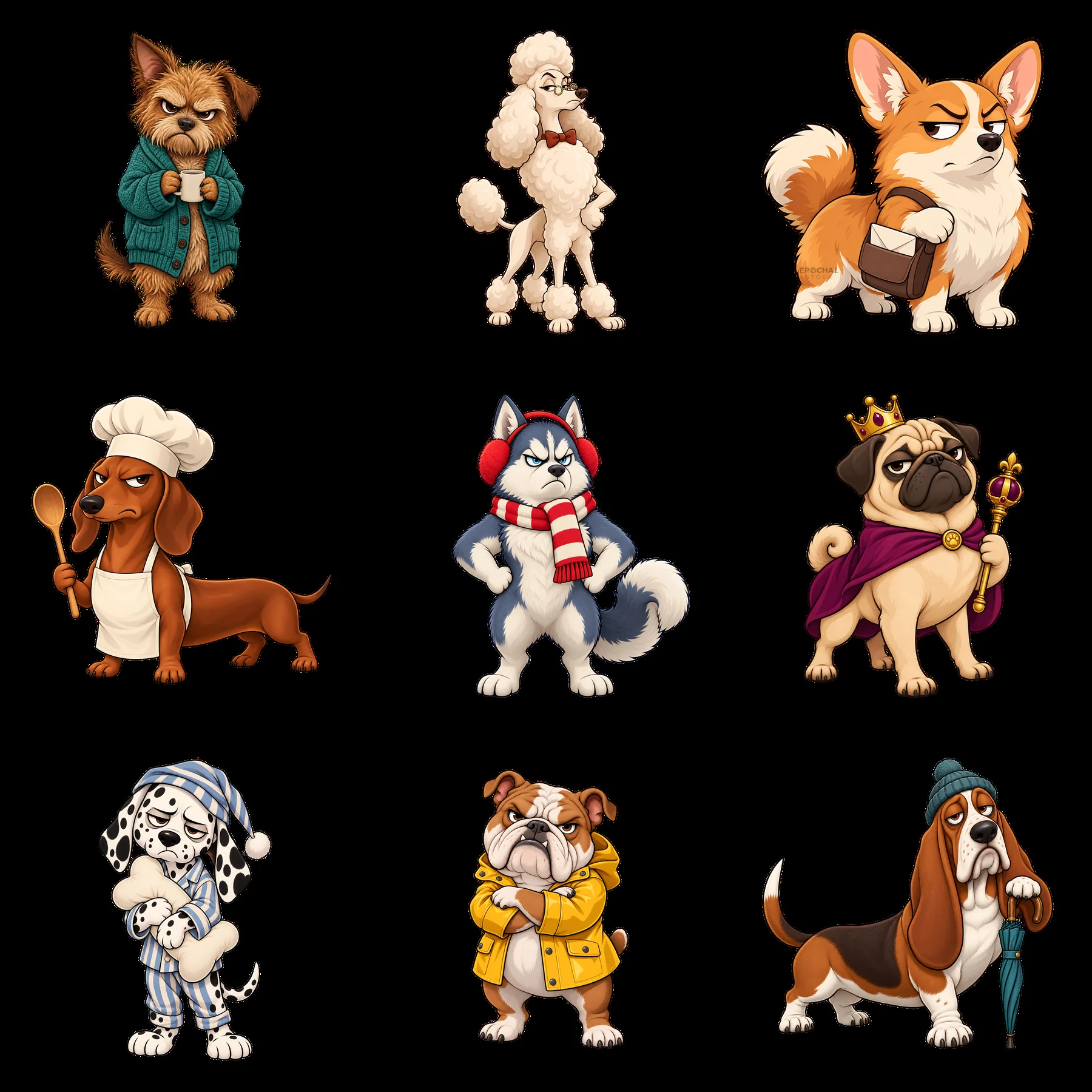 Grumpy dog stickers collection with unique breeds and expressions - AI-generated stock image