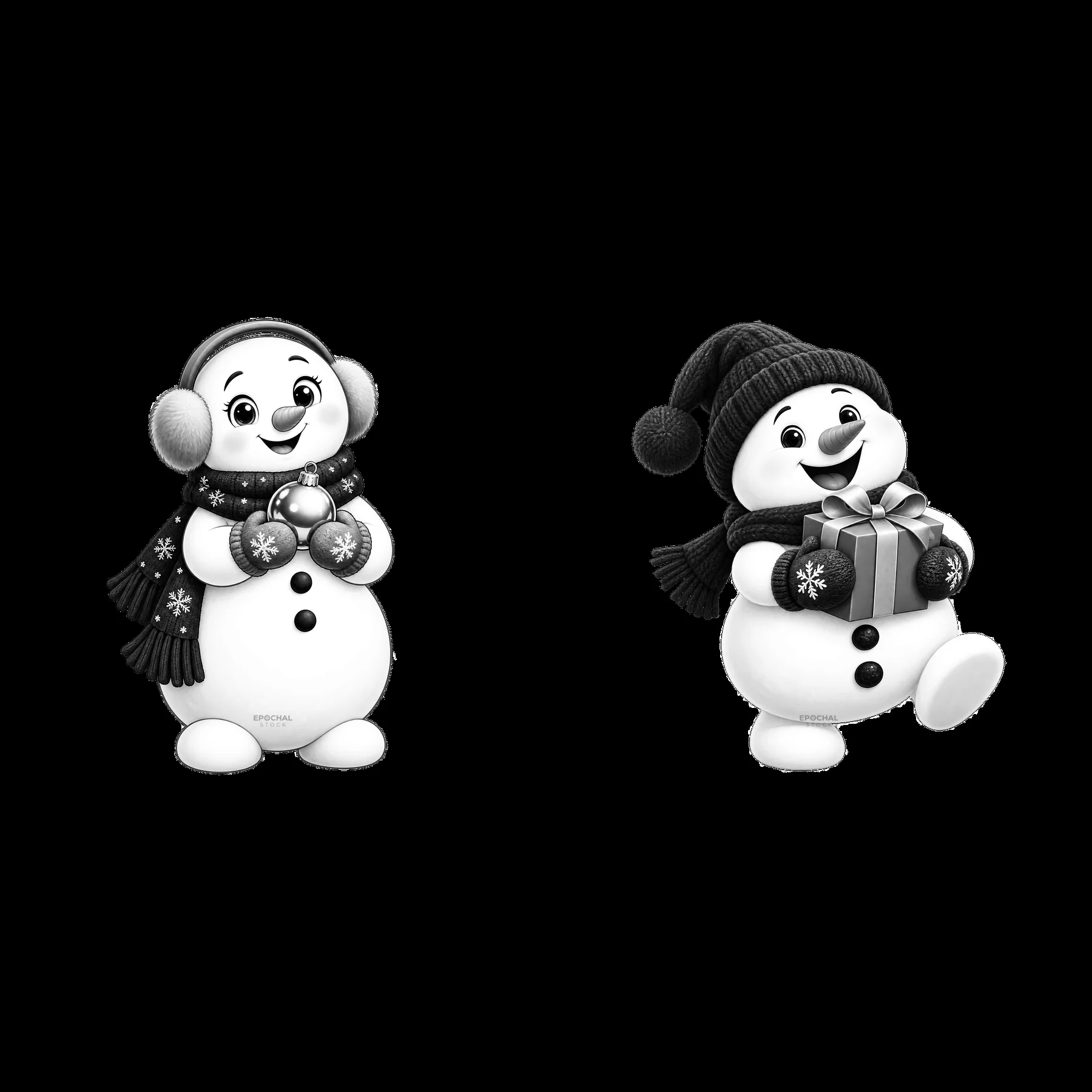 Two cartoon snowmen with gifts and winter accessories - AI-generated stock image