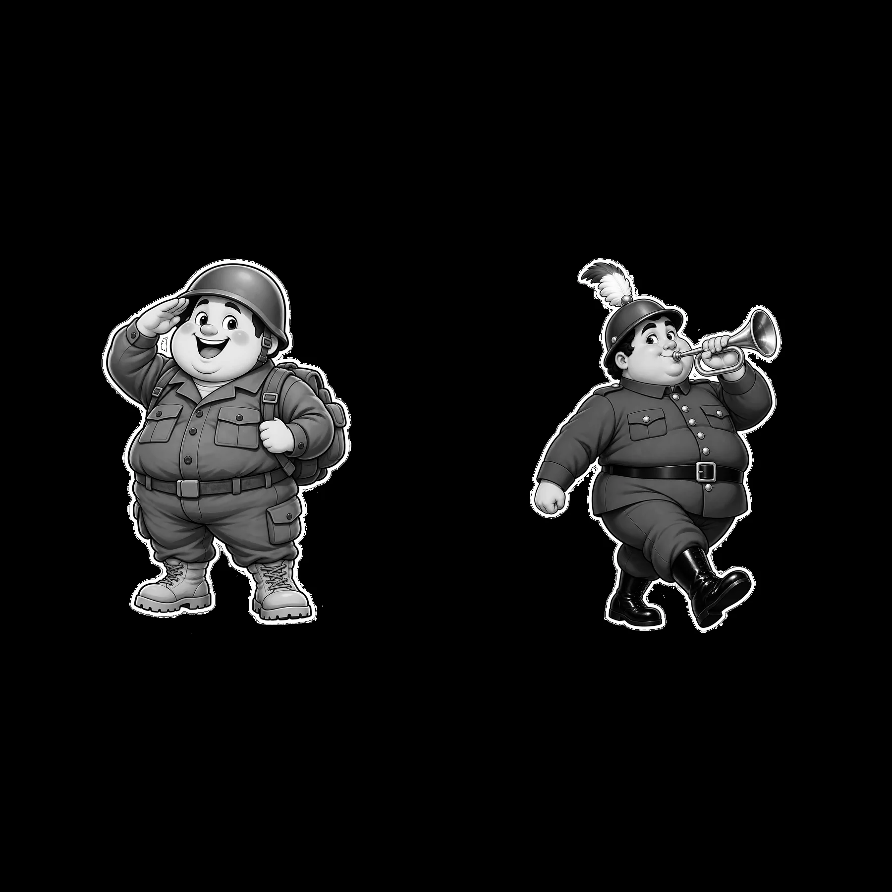 Cute ultra-chubby soldier characters in playful poses - AI-generated stock image