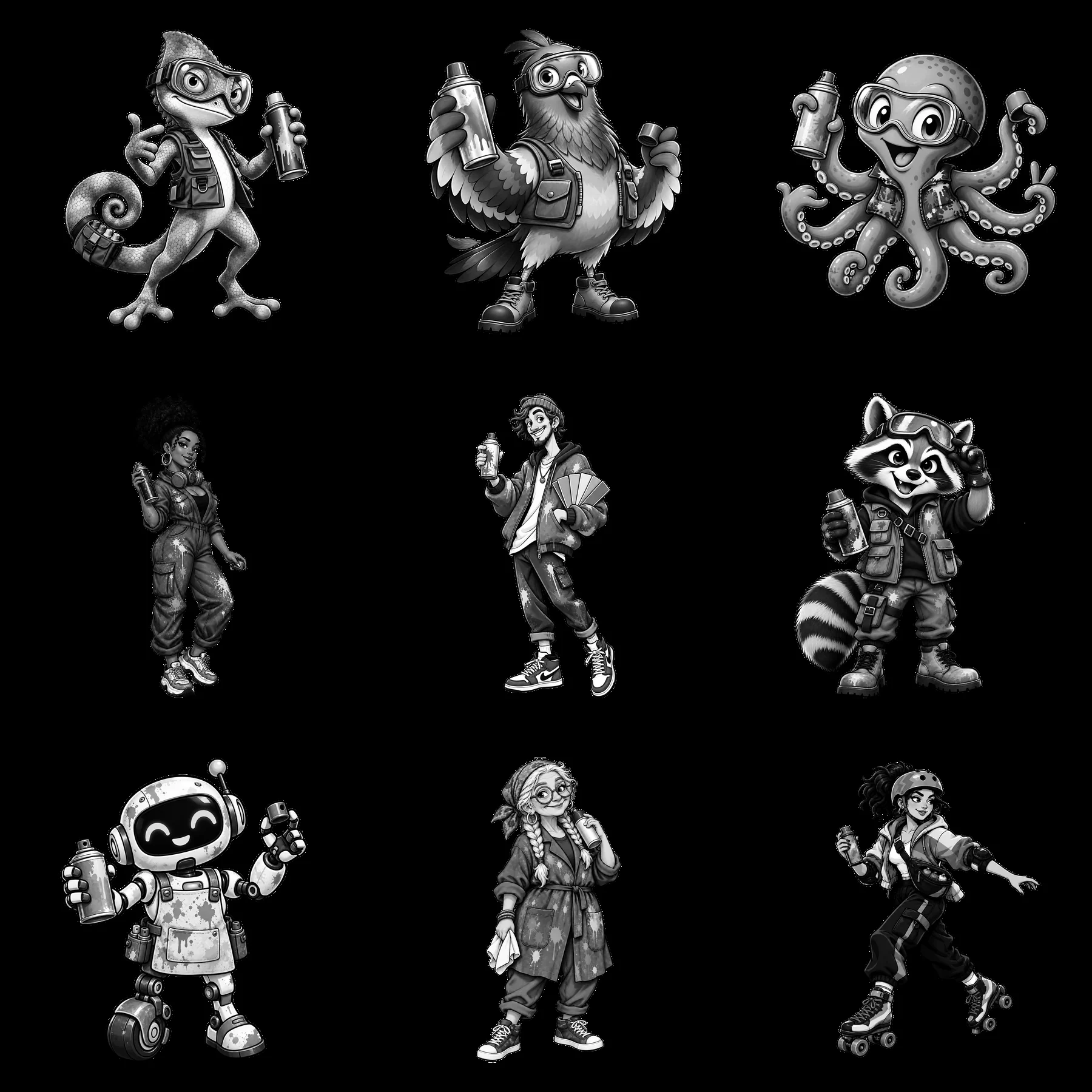 Graffiti characters with spray cans in a 3x3 layout - AI-generated stock image