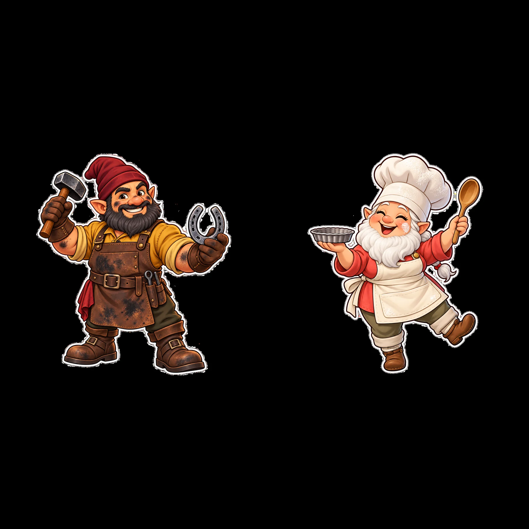 Gnome blacksmith with horseshoe and chef holding a bowl - AI-generated stock image