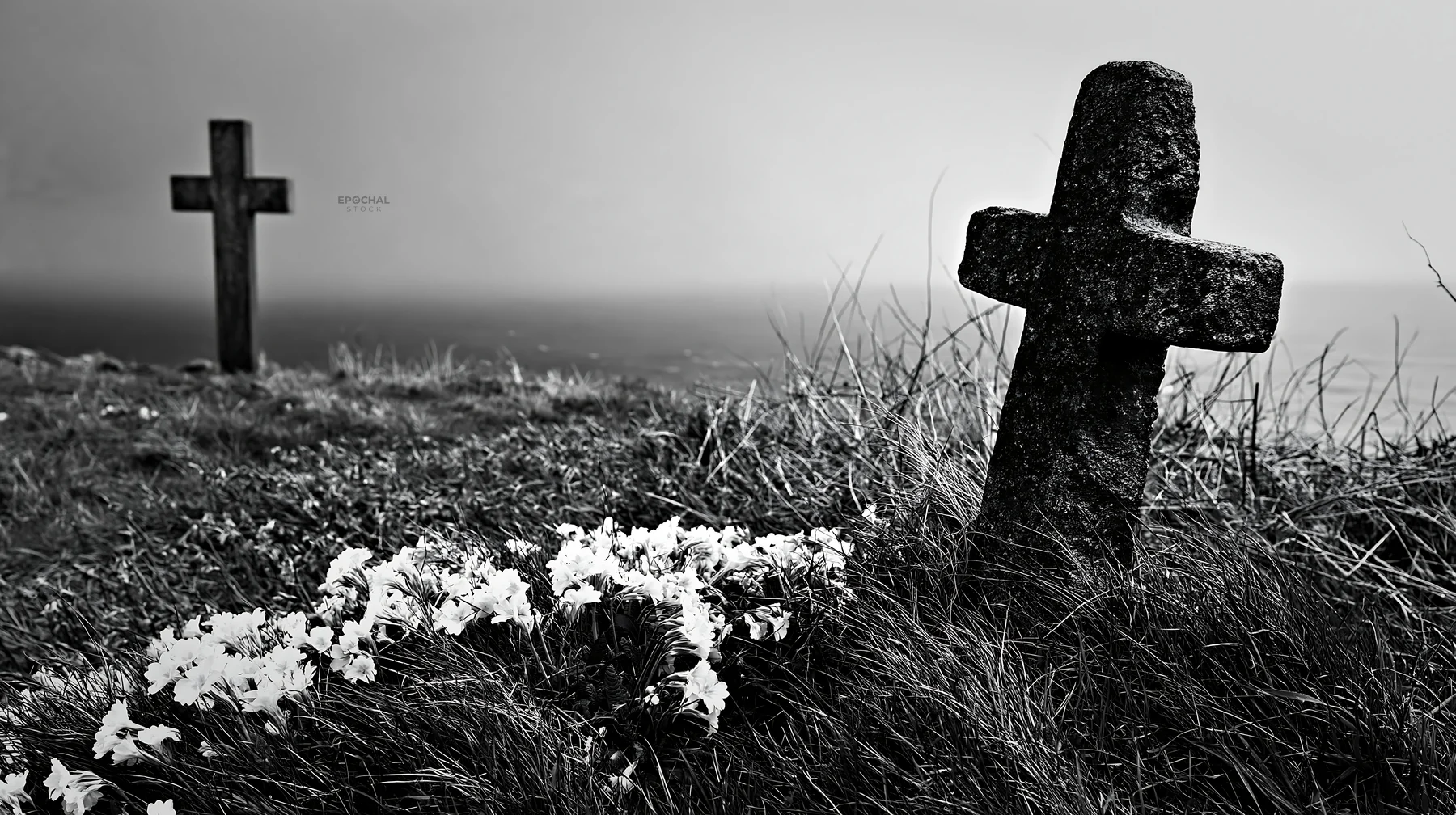 Rustic Christian cross in winter meadow with grass and flowers - AI-generated stock image