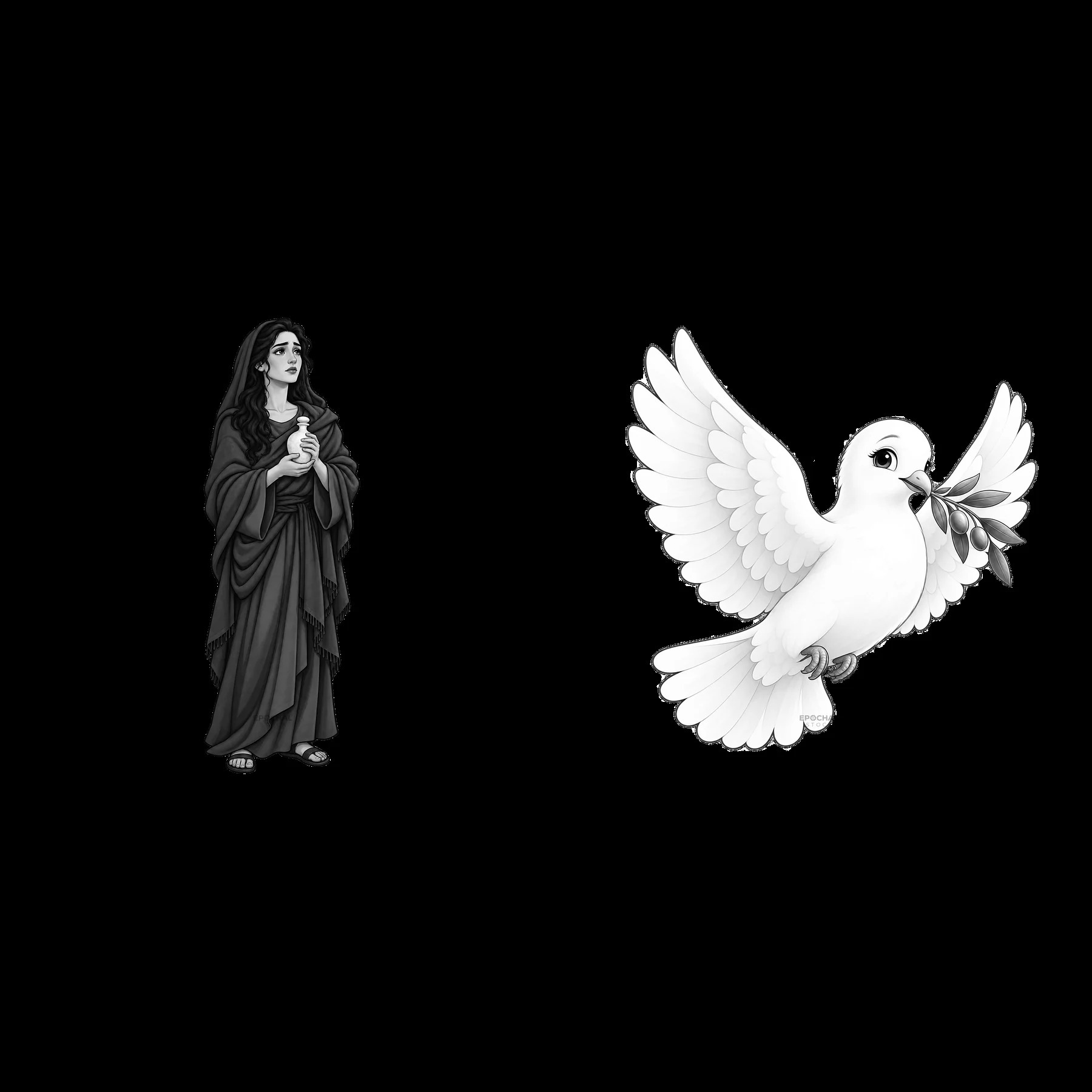 Mary holding a flower and a dove flying with an olive branch - AI-generated stock image