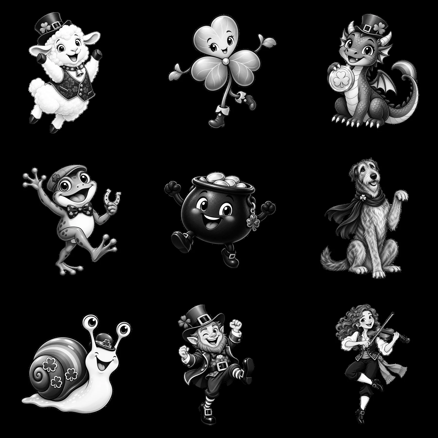 Cartoon characters celebrating St. Patrick's Day in a grid - AI-generated stock image