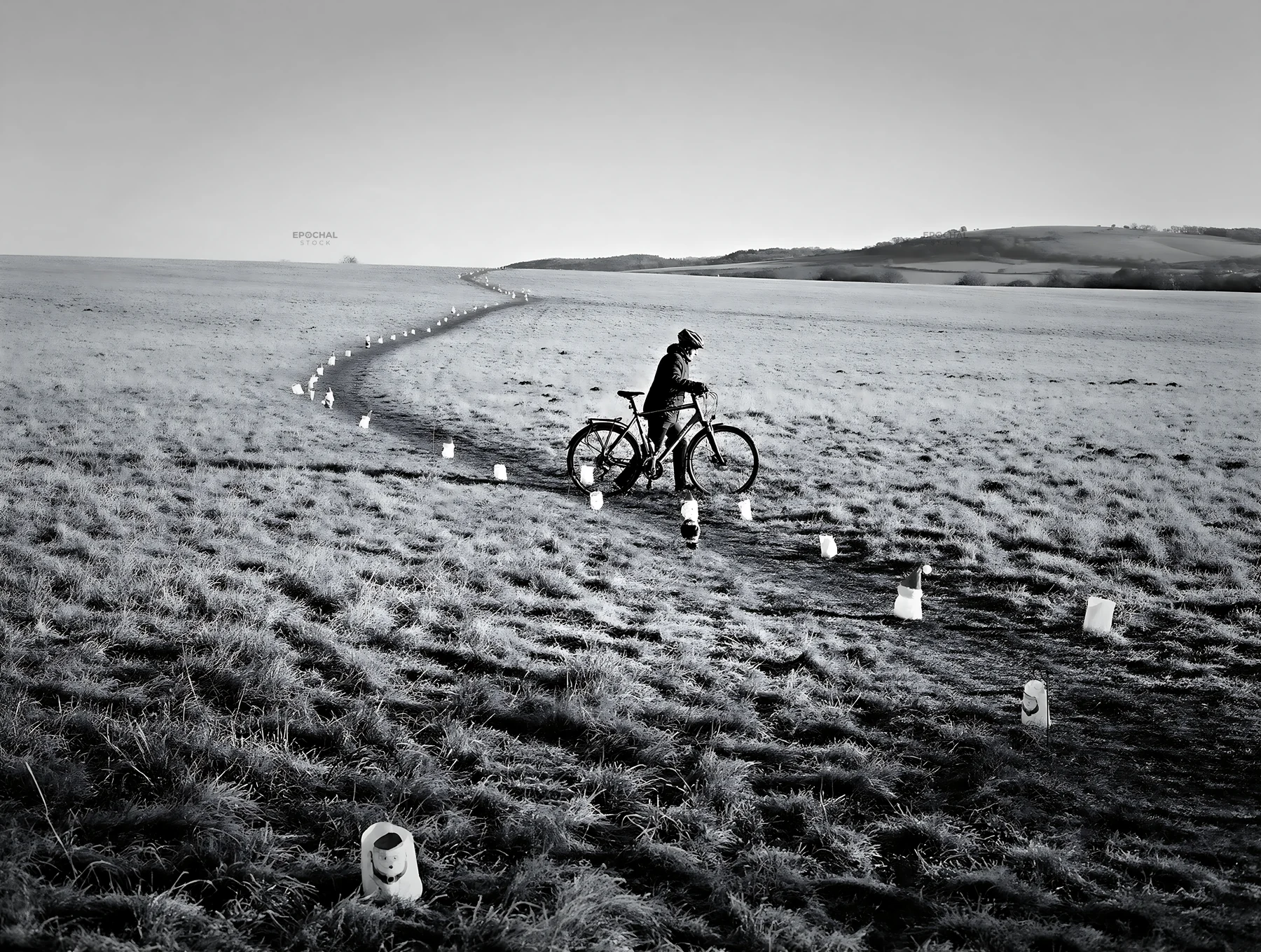 Biker in meadow with lanterns during daylight hours - AI-generated stock image
