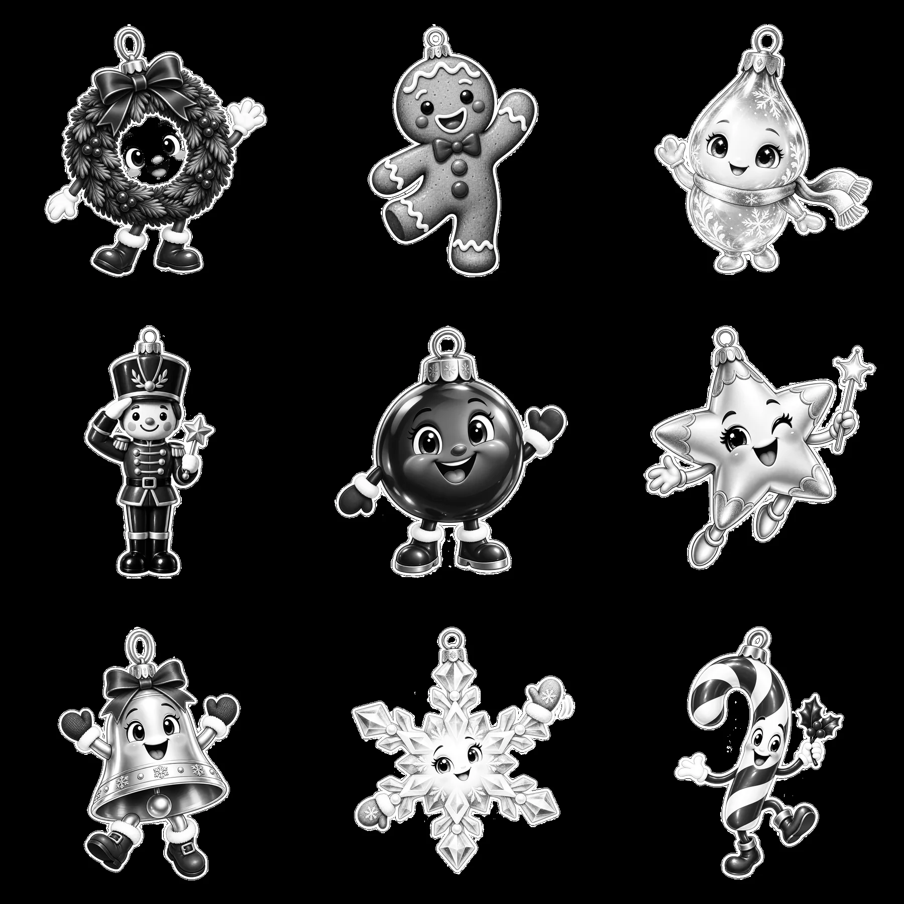 Monochrome nine cartoon figure stickers in a square arrangement - AI-generated stock image