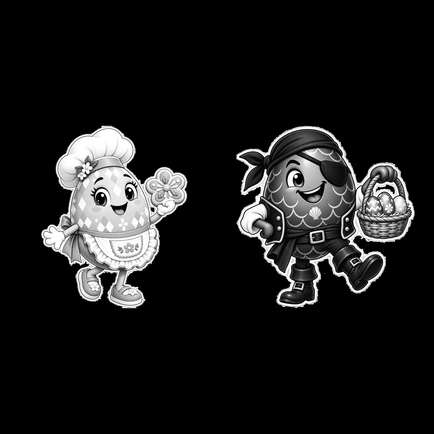 Cartoon Easter egg characters in playful poses with accessories - AI-generated stock image