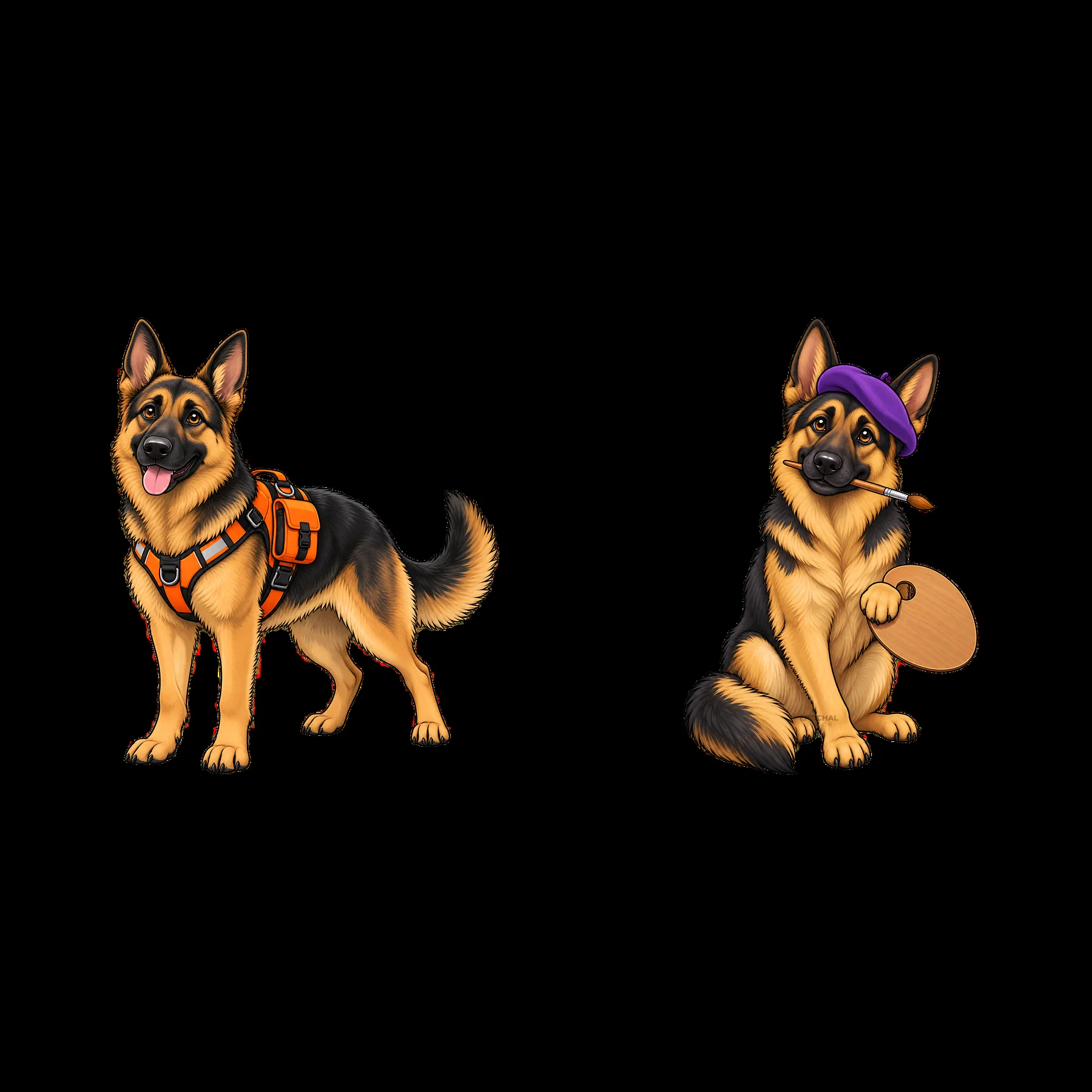 Playful German Shepherds with toys in cartoon style - AI-generated stock image