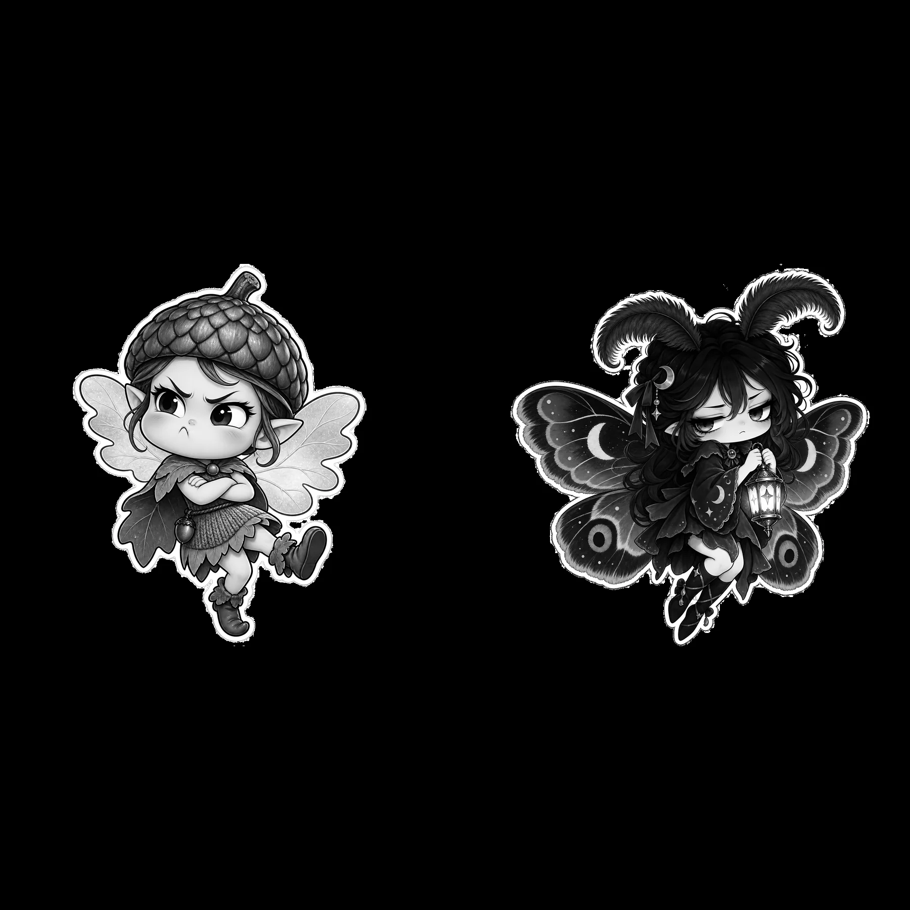 Kawaii grumpy fairy and butterfly character stickers - AI-generated stock image