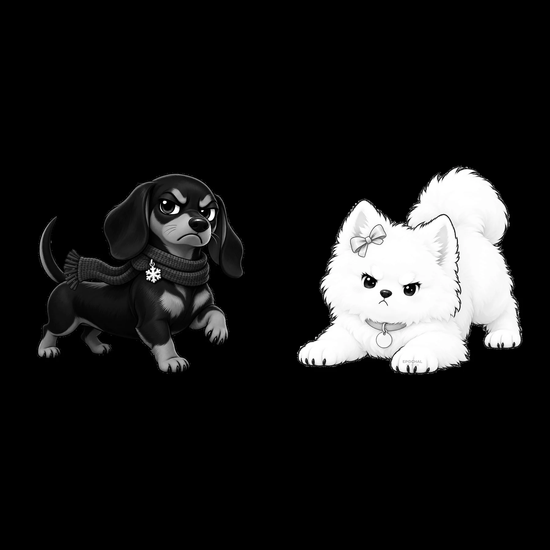 Kawaii grumpy dog stickers with black dachshund and white pomeranian - AI-generated stock image
