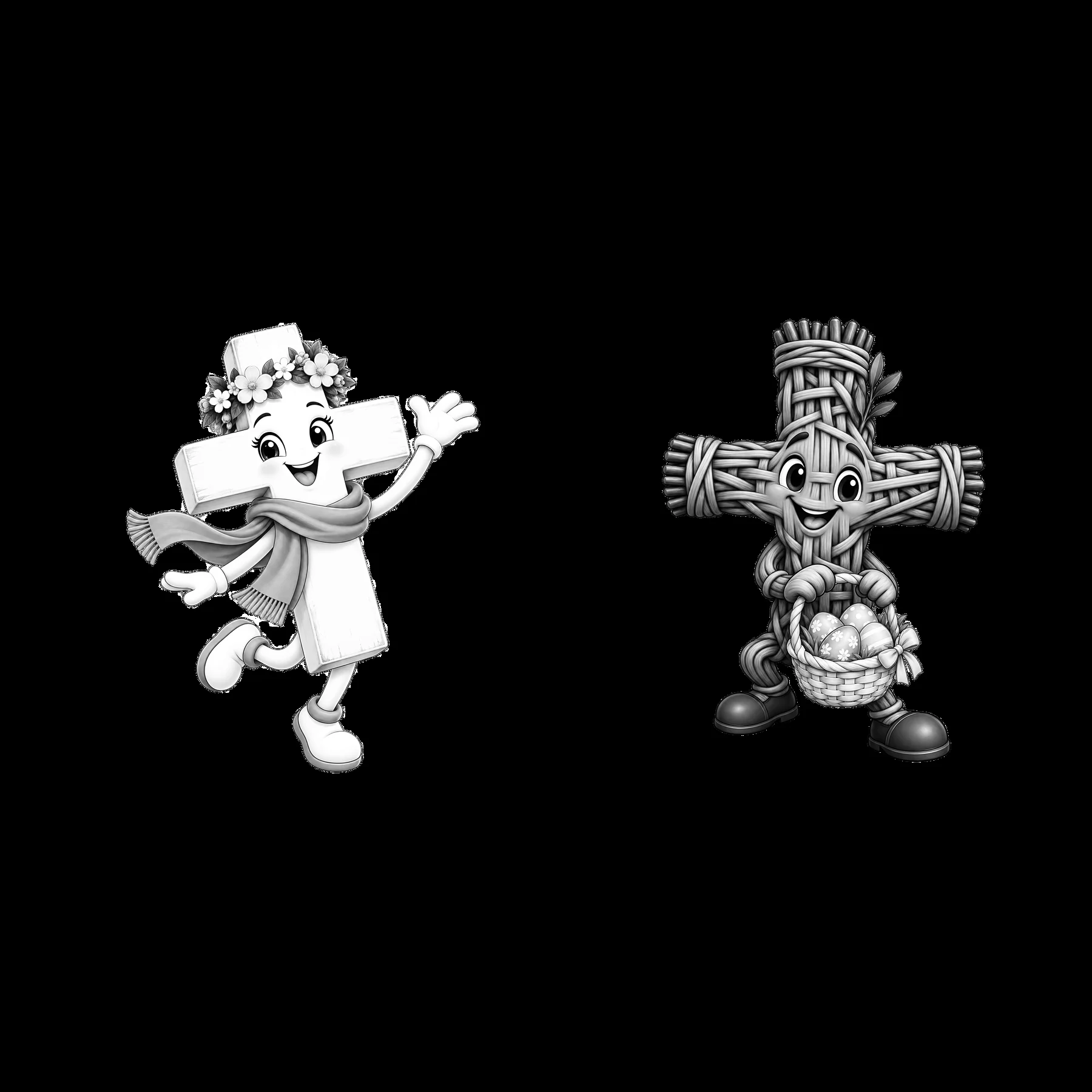 Easter crosses with characters holding baskets and wearing scarves - AI-generated stock image
