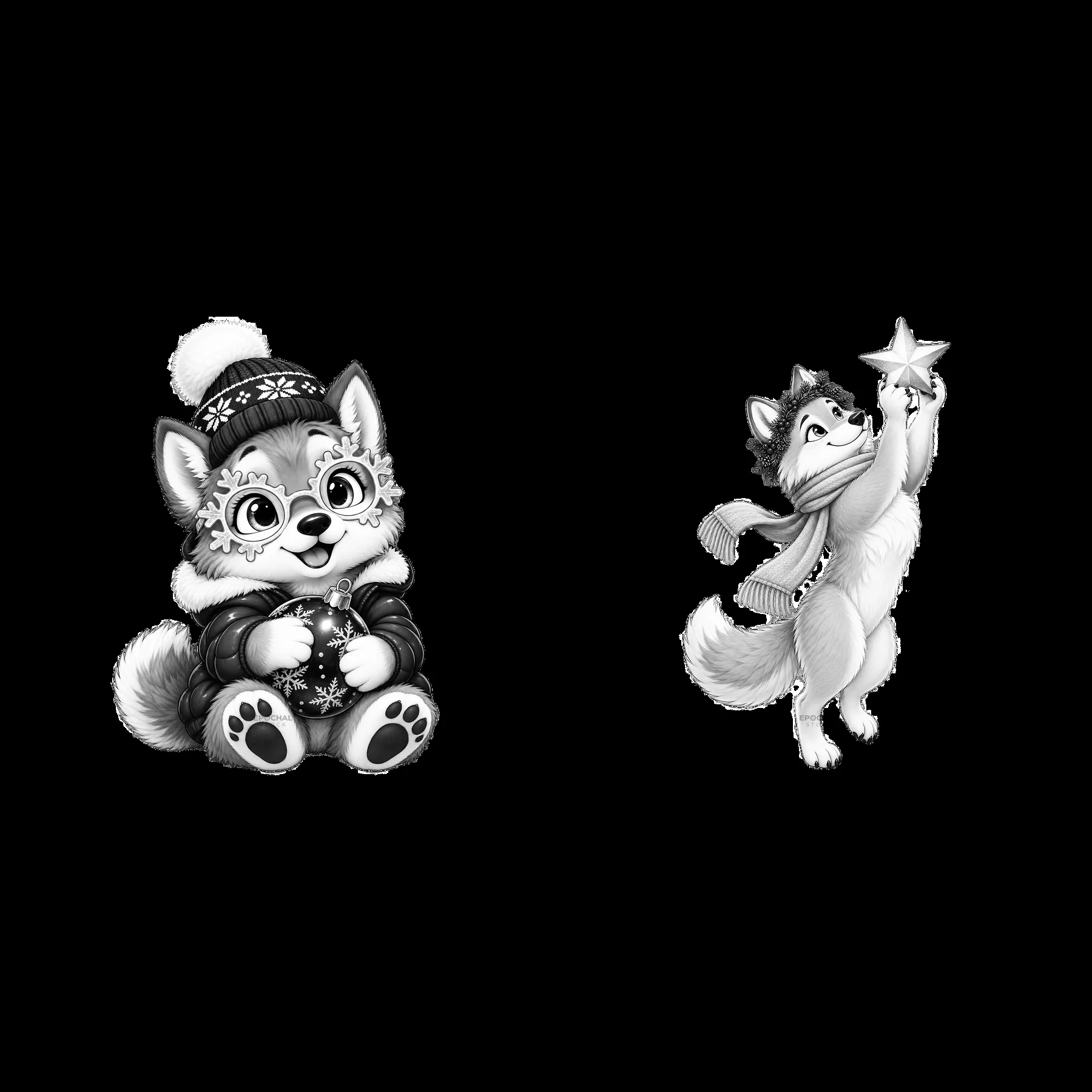 Christmas wolf cartoon stickers with holiday accessories - AI-generated stock image