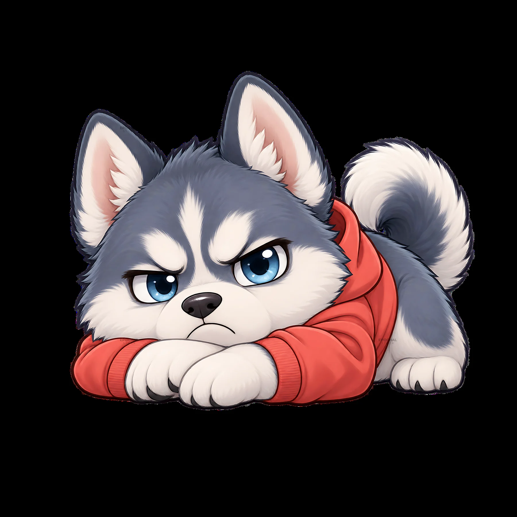 Kawaii grumpy dog with blue eyes resting in a red hoodie - AI-generated stock image