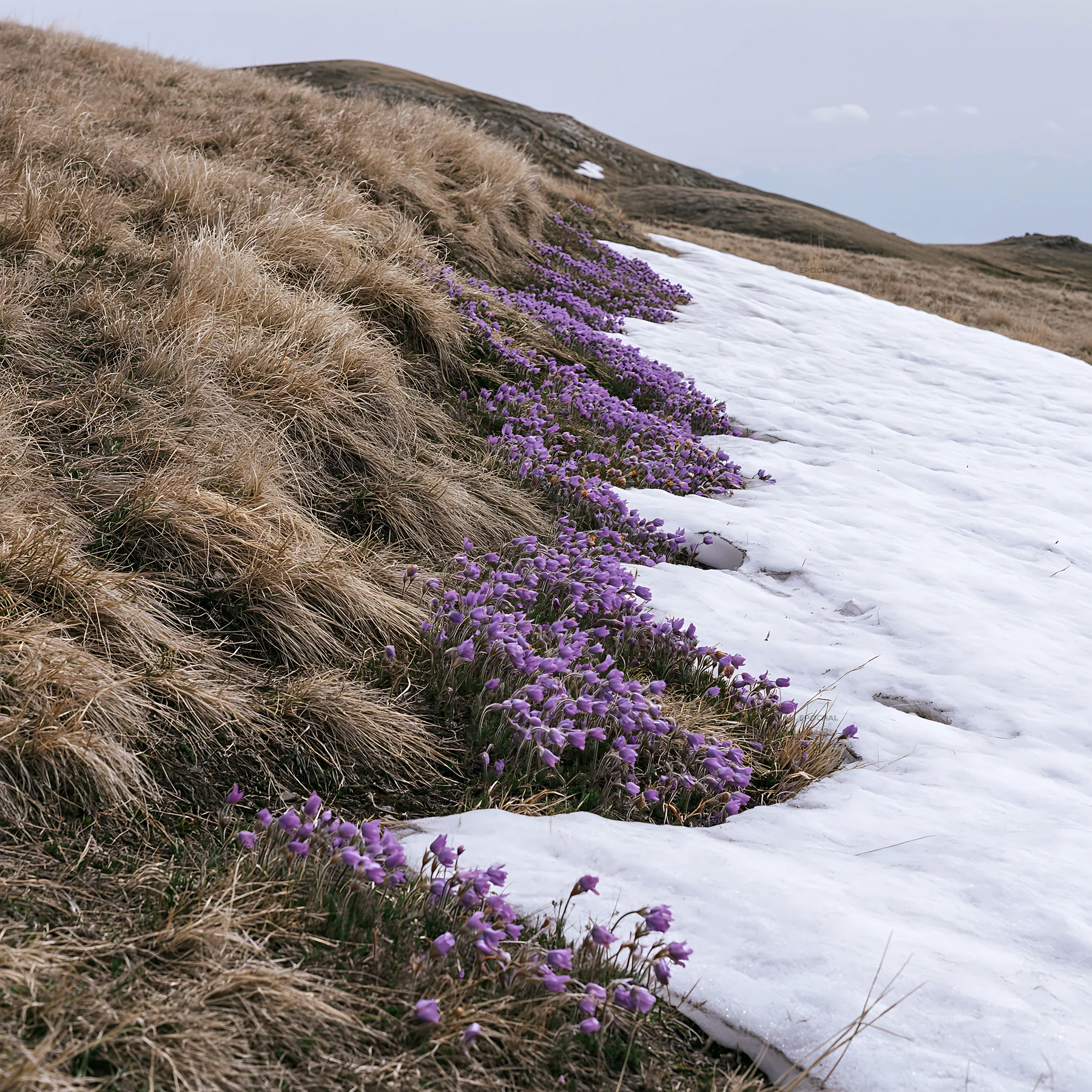 Snowy foothill meadow with purple flowers in spring - AI-generated stock image