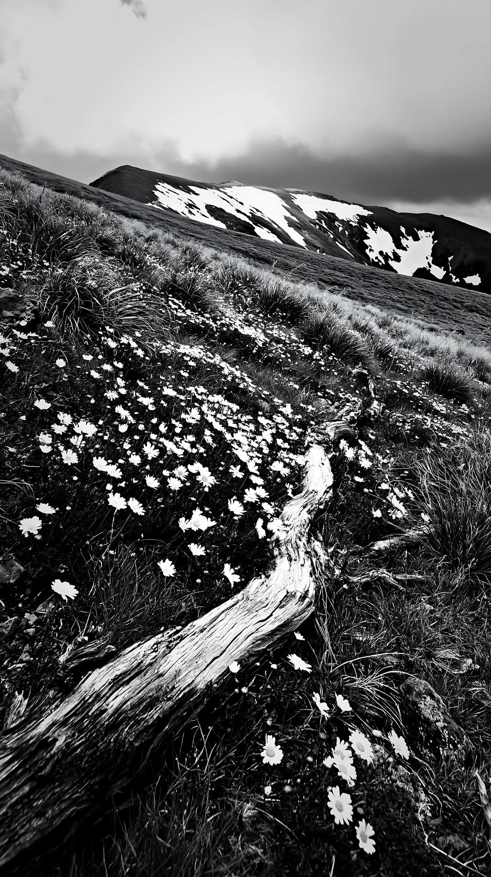 Weathered log in a meadow with flowers and mountains - AI-generated stock image
