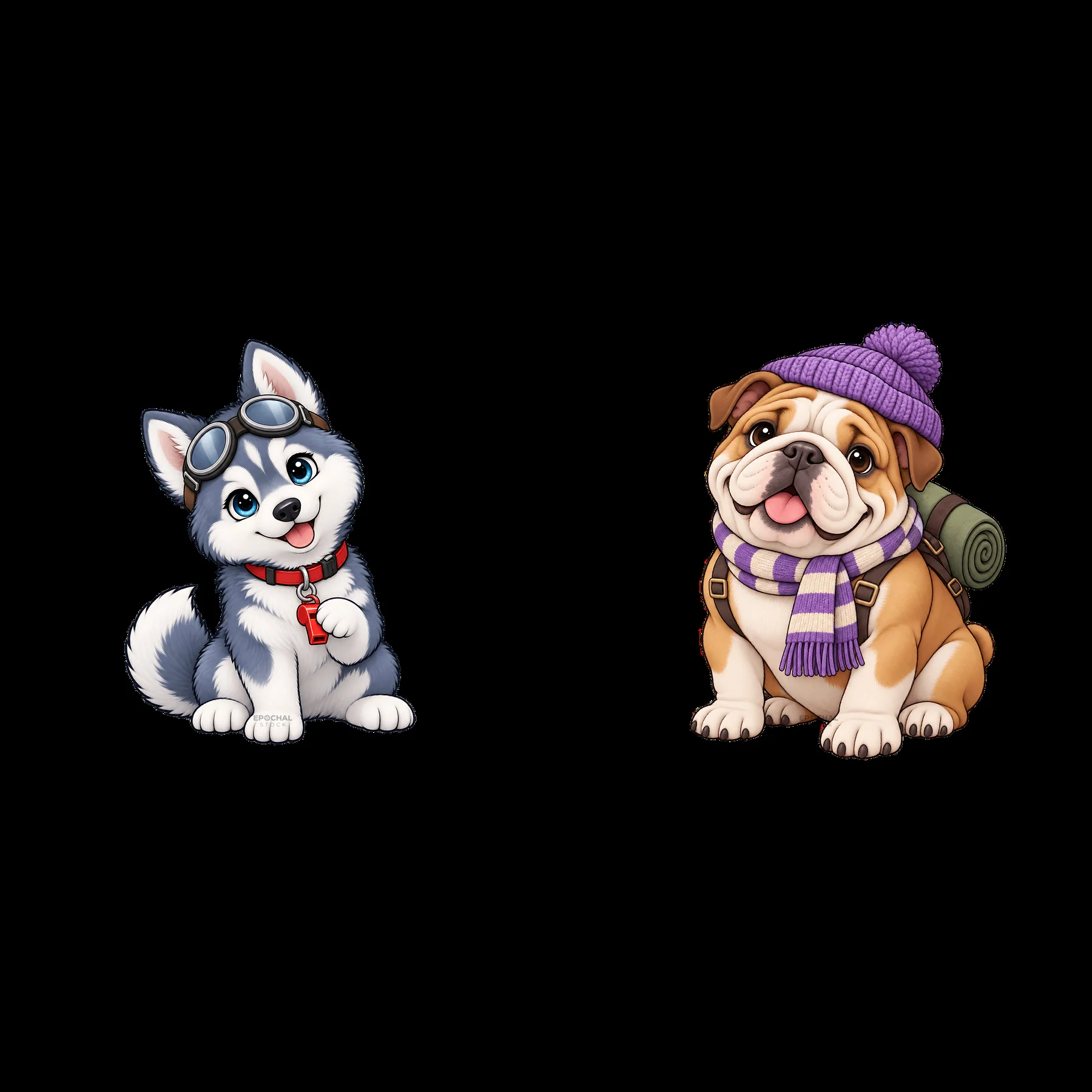 Cute cartoon K-9 dogs with accessories and distinct colors - AI-generated stock image