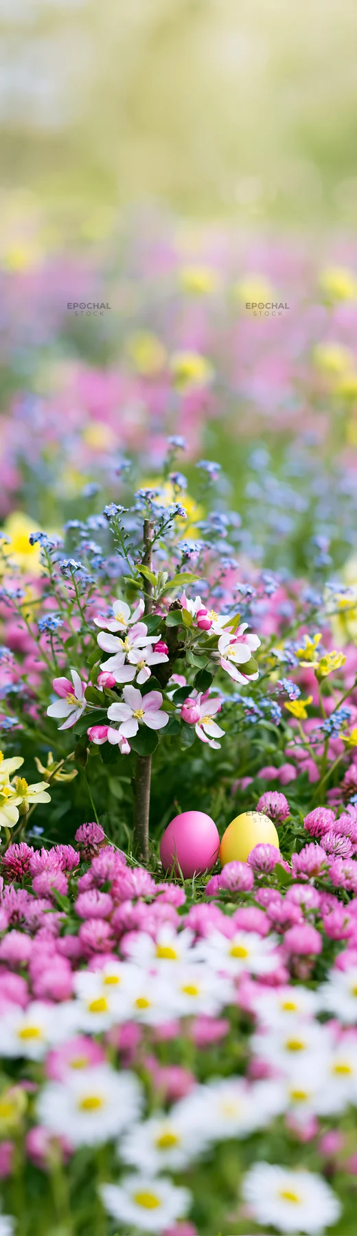 Small Easter egg tree in a colorful flower meadow - AI-generated stock image