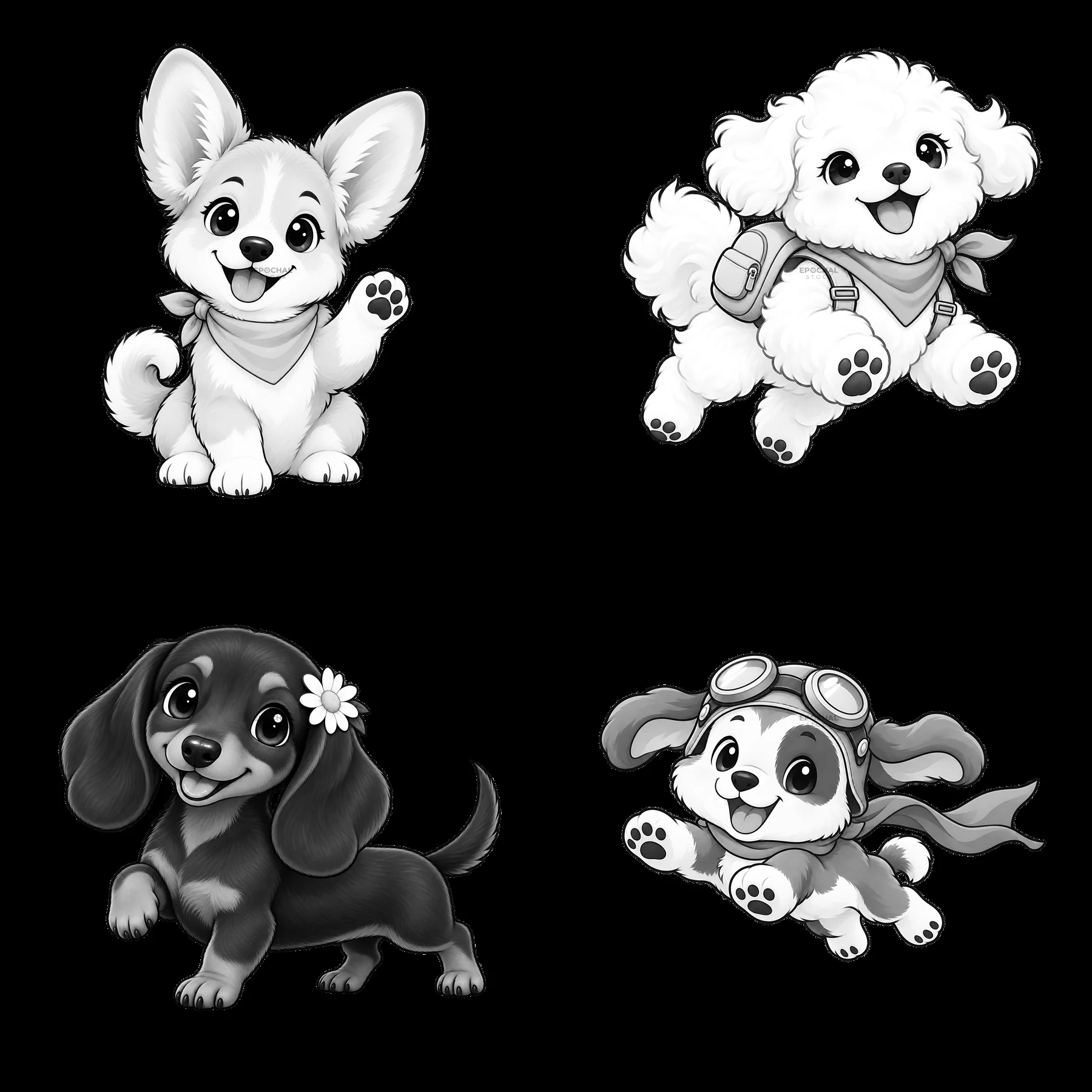 Four cute cartoon dog stickers in a 2x2 layout - AI-generated stock image