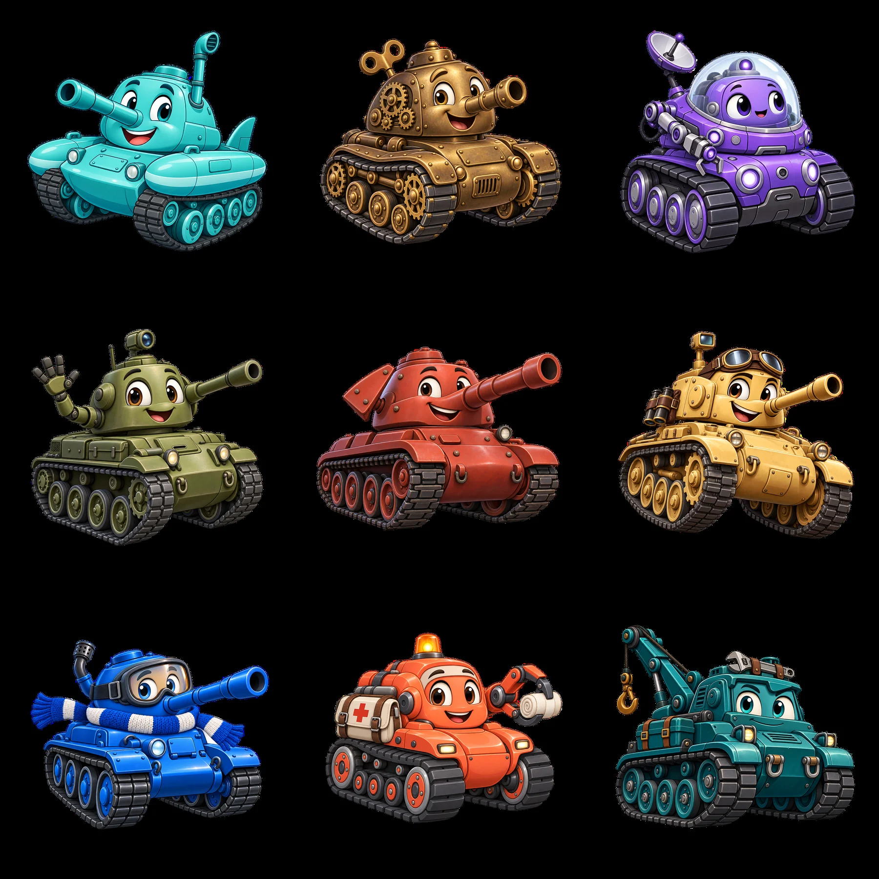 Colorful cartoon tank stickers in a playful 3x3 grid layout - AI-generated stock image