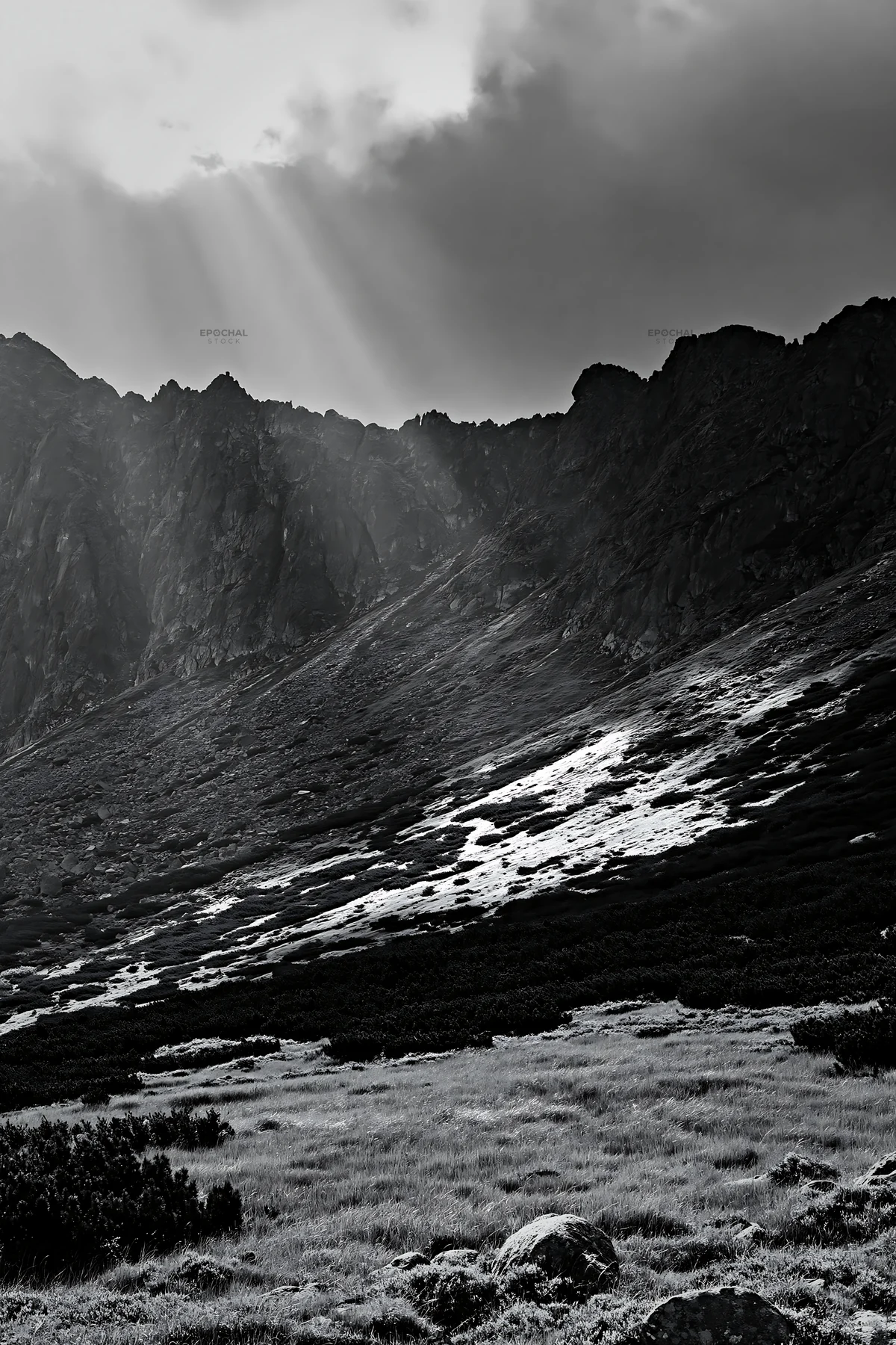 Black and white meadow mountain sunrays shining through the clouds - AI-generated stock image