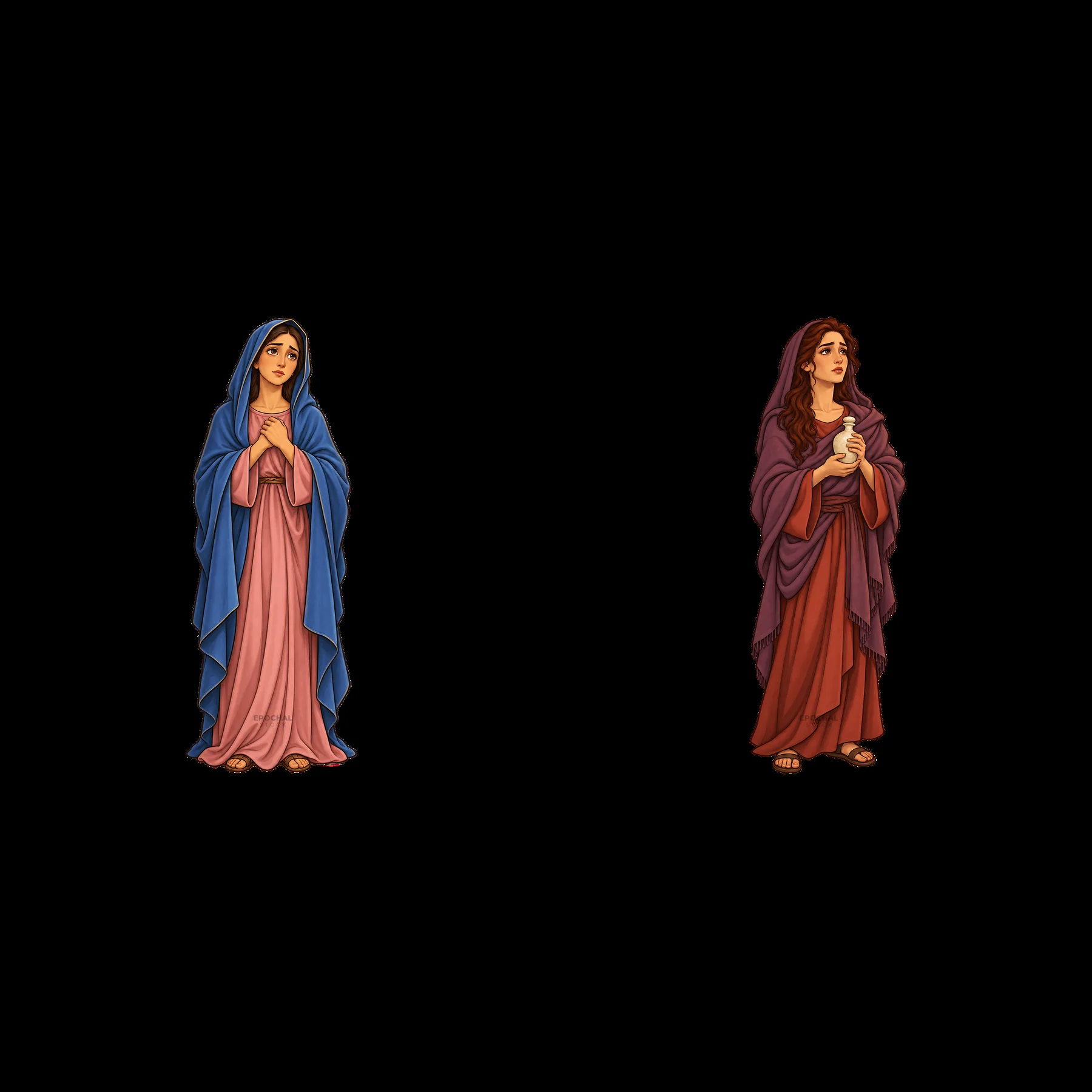 Mary and Mary Magdalene by the cross - AI-generated stock image
