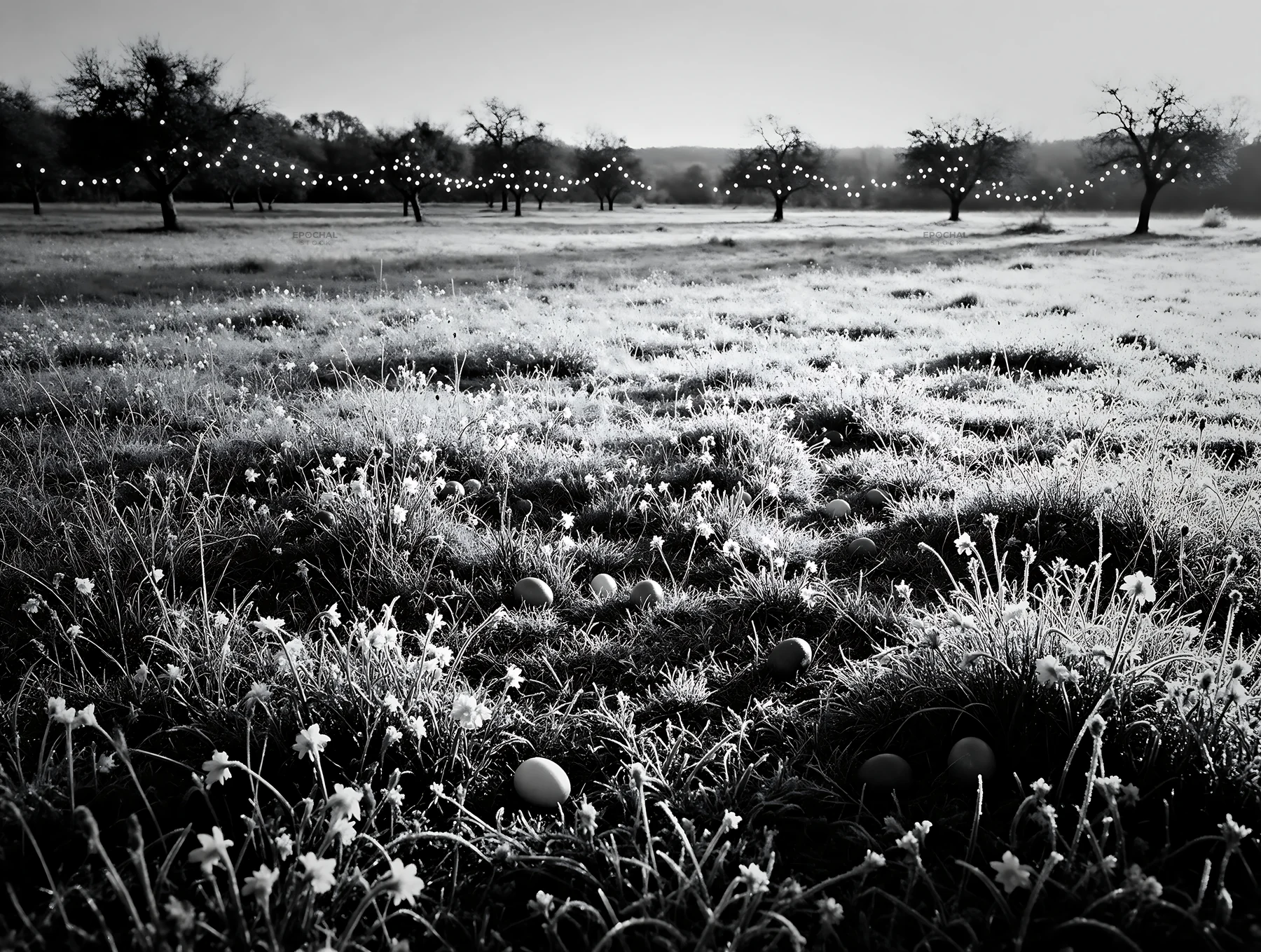Vibrant Christmas lights across winter meadow at twilight - AI-generated stock image