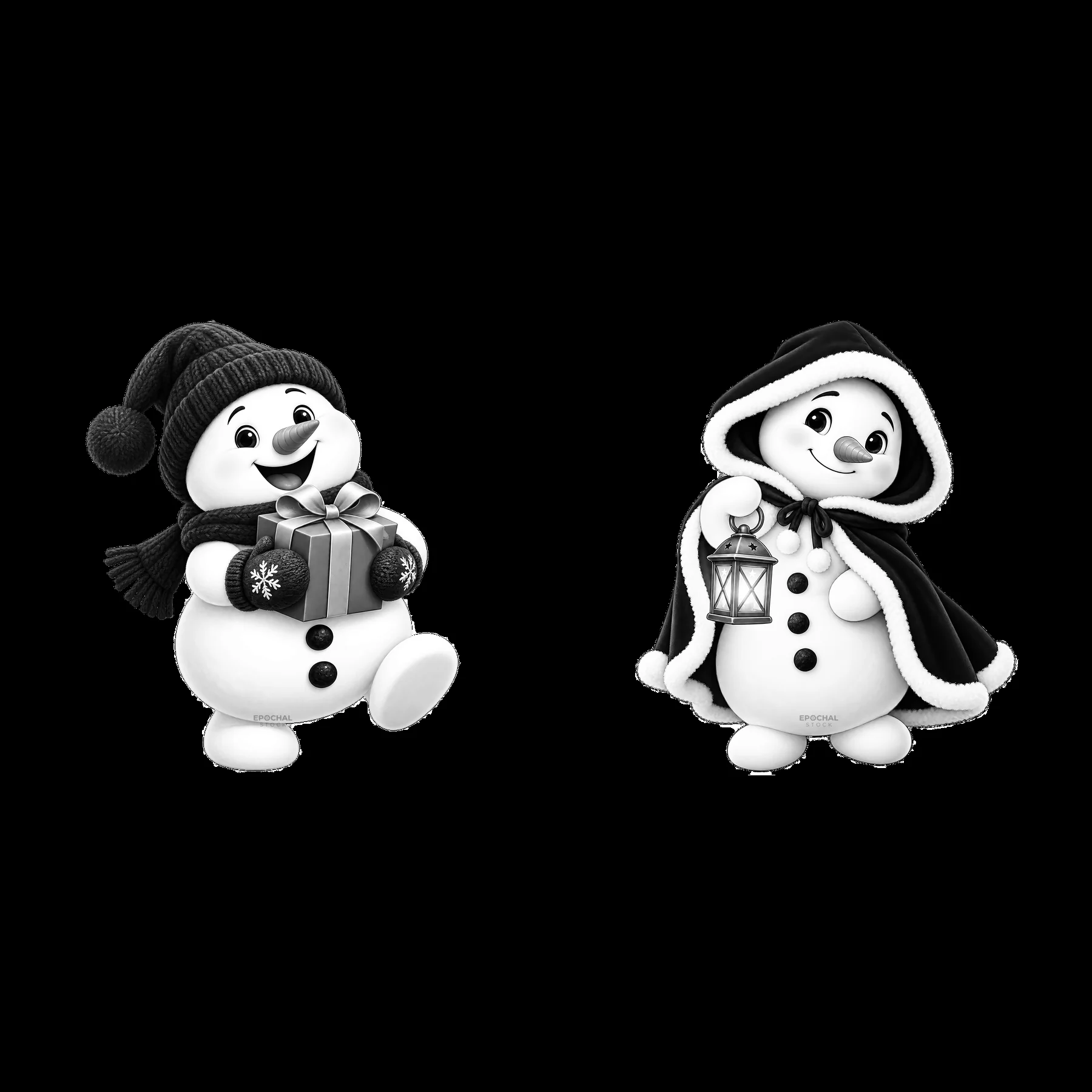 Two cartoon snowmen with gifts and lanterns for Christmas - AI-generated stock image