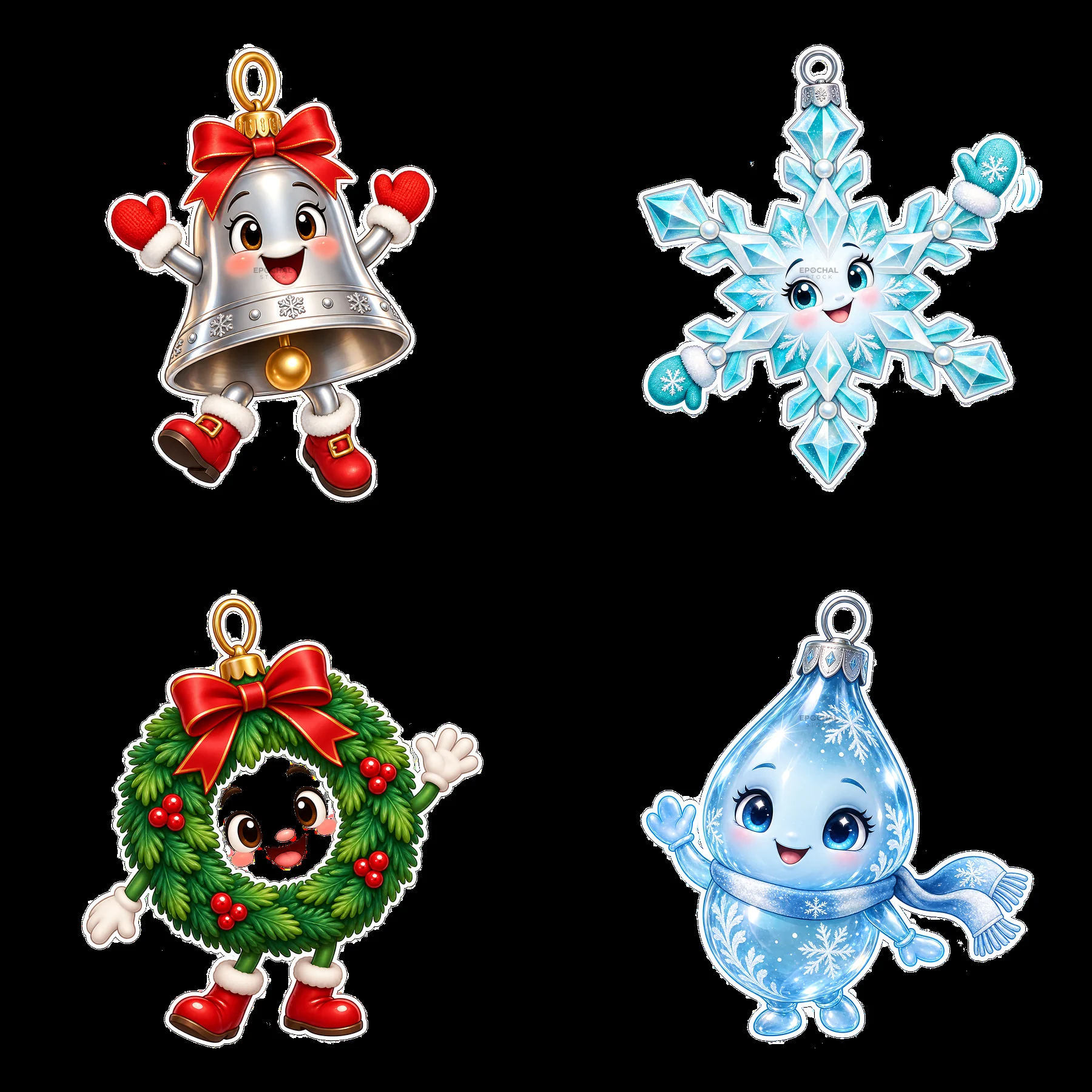 Four cartoon figure stickers in a square arrangement - AI-generated stock image