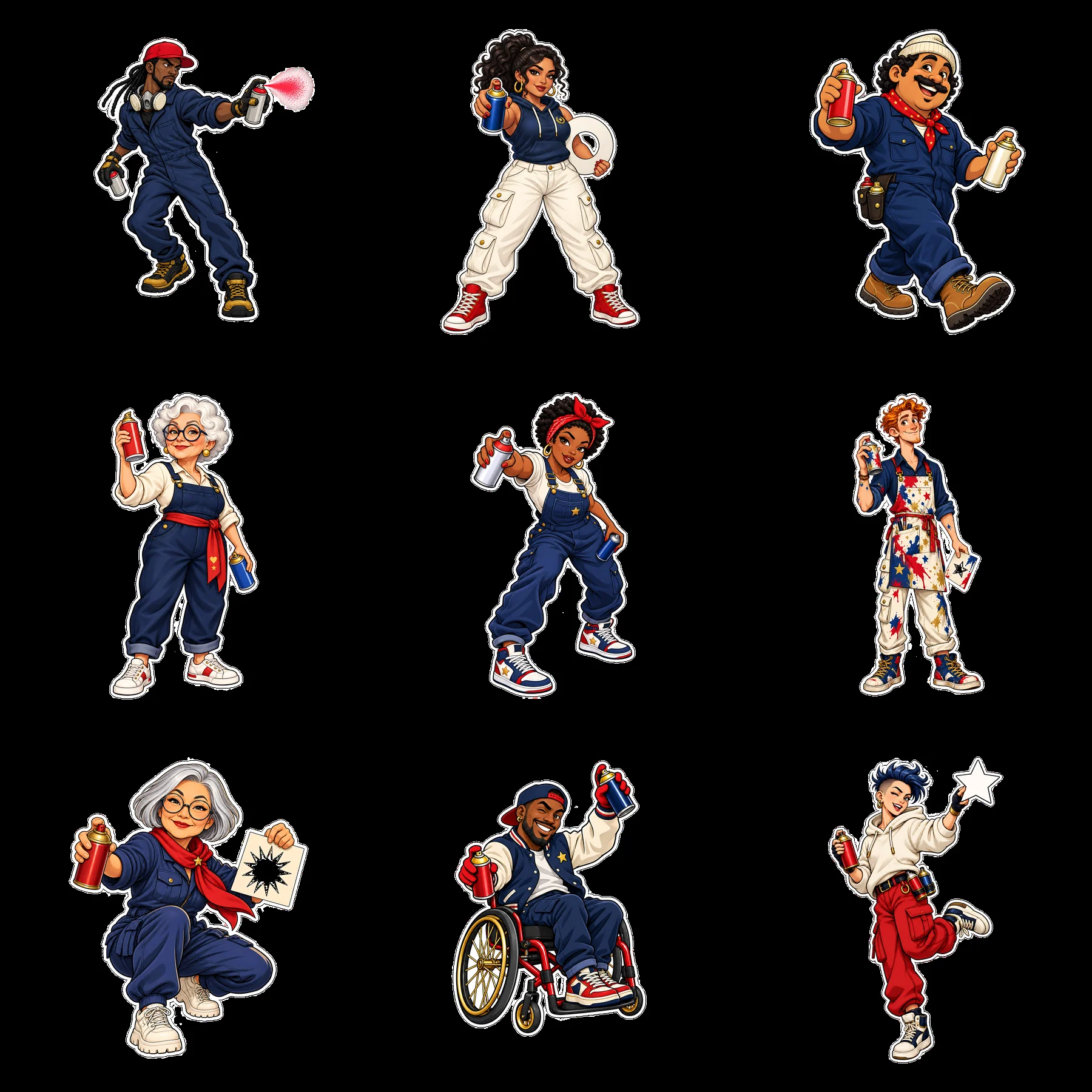 Patriotic graffiti sprayers showing diverse characters in a grid - AI-generated stock image