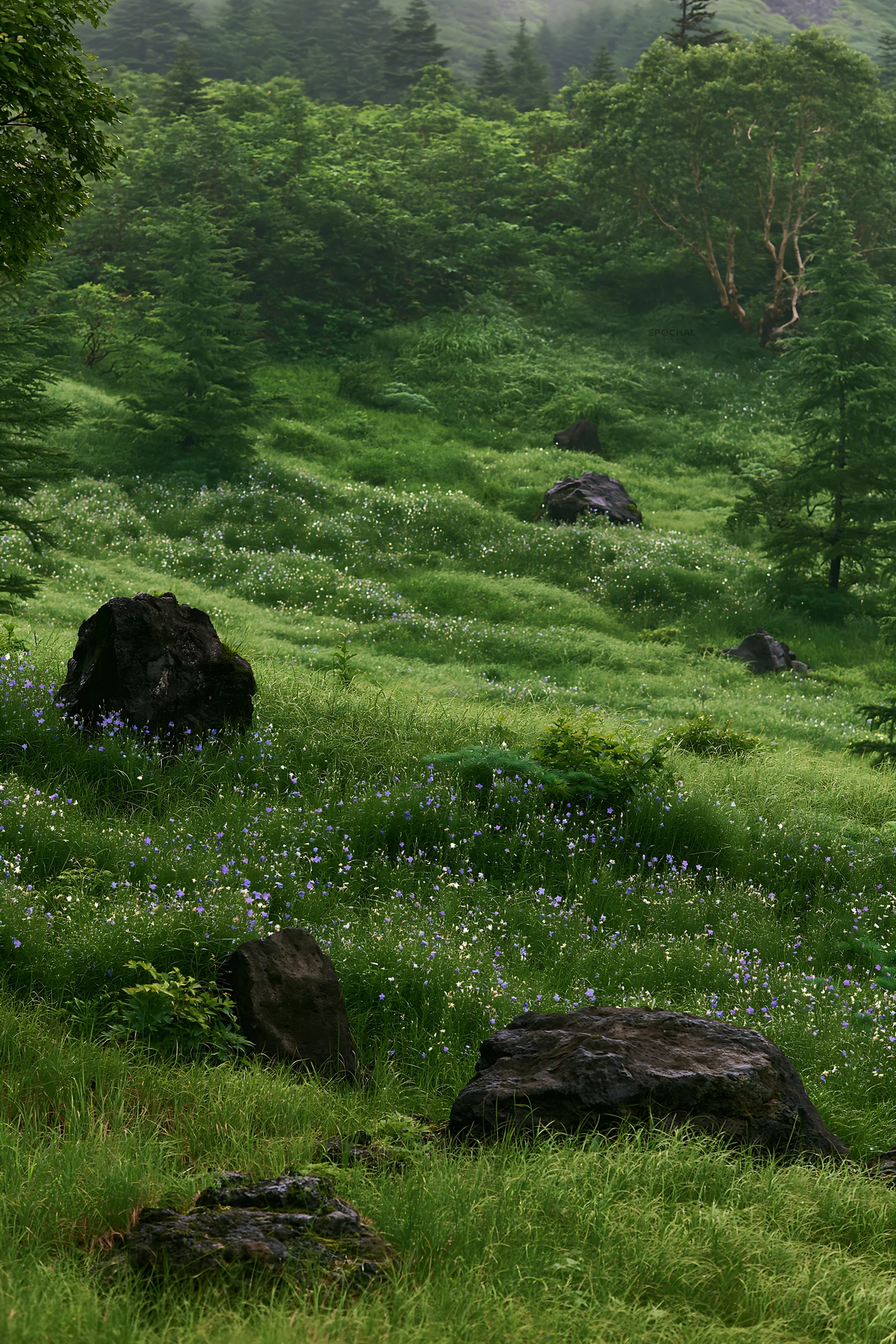 Yamanashi meadow with basalt stones and wildflowers - AI-generated stock image