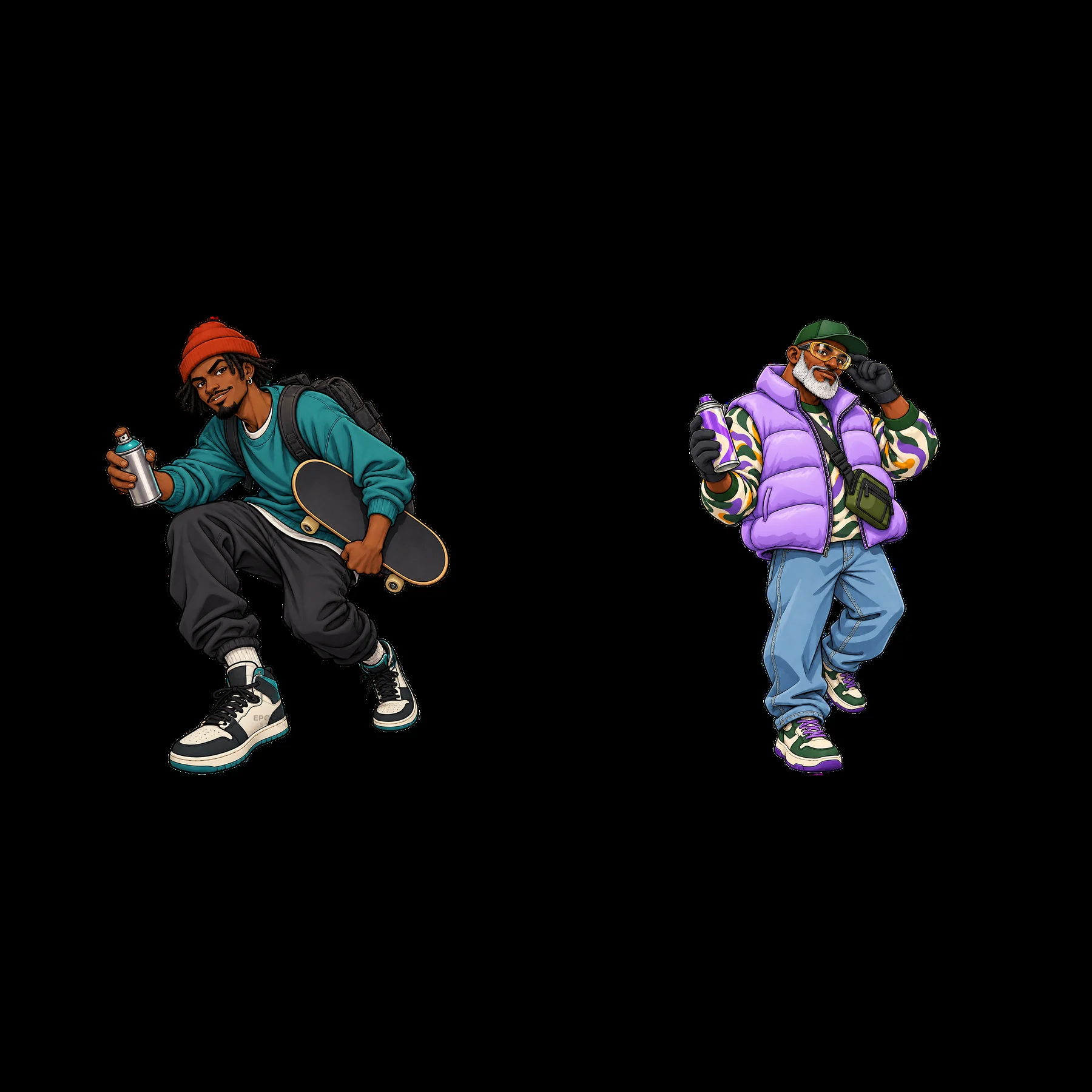 Two graffiti sprayers wearing streetwear with skateboards - AI-generated stock image
