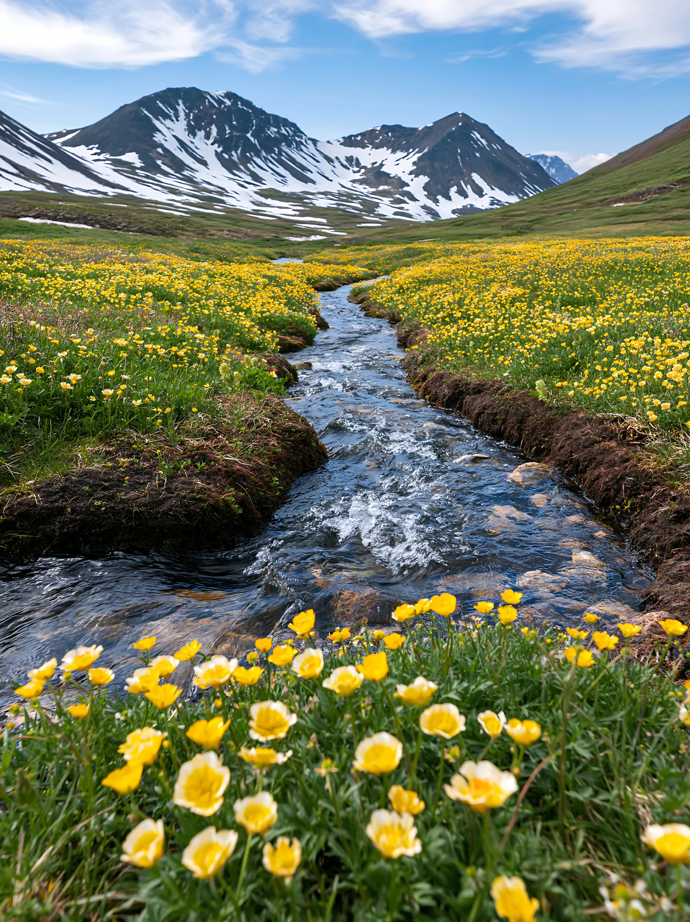 Colorful buttercup meadow with stream and mountains in background - AI-generated stock image
