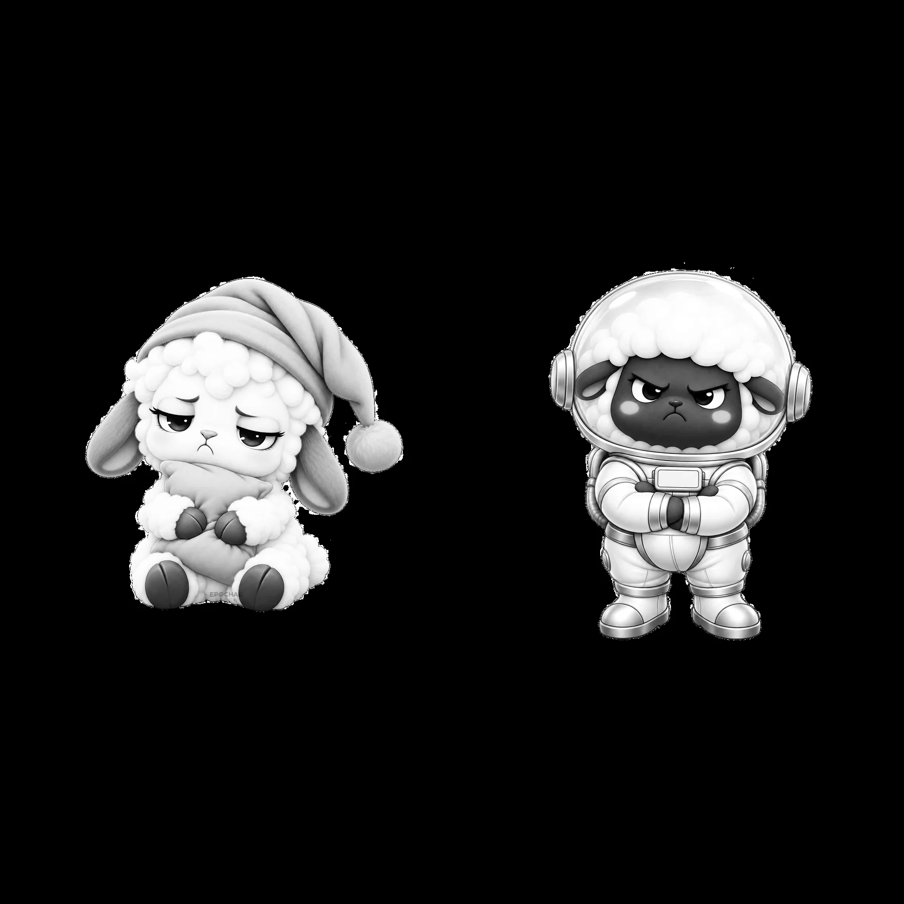 Kawaii grumpy sheep in winter hat and space suit illustration - AI-generated stock image