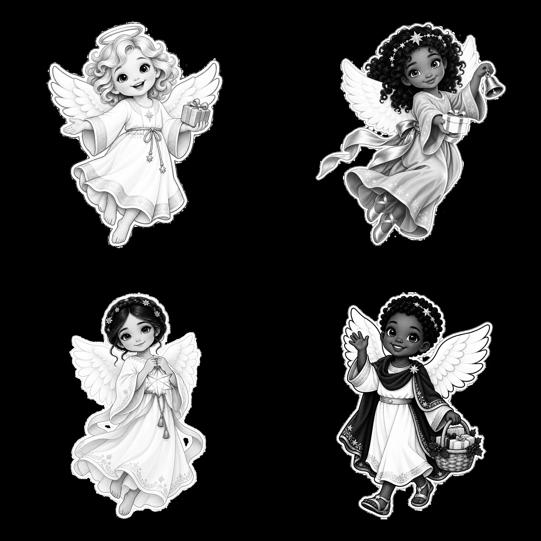 Christkind brings gifts as classic Christmas figures in monochrome - AI-generated stock image