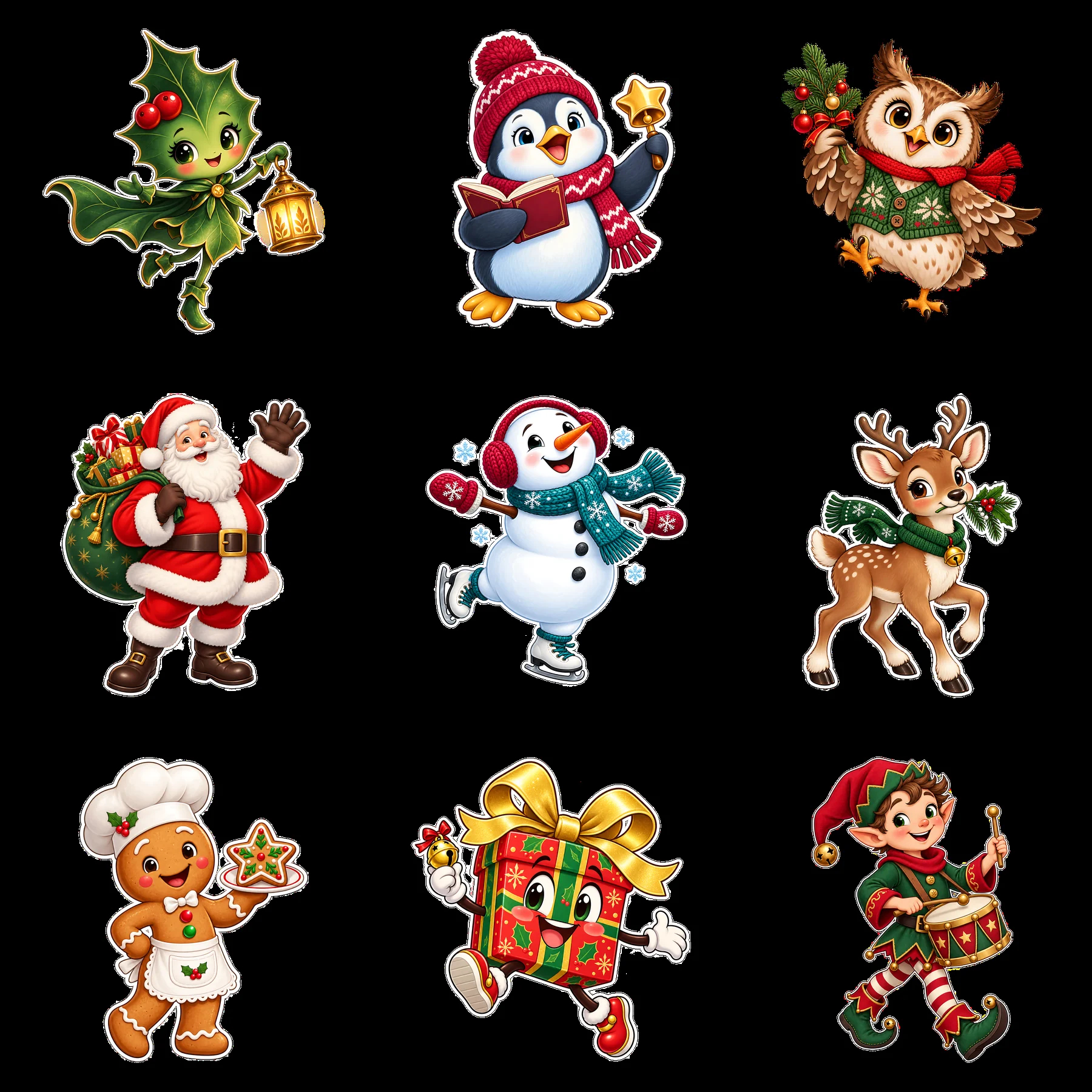 Nine cartoon figure stickers in a square arrangement - AI-generated stock image