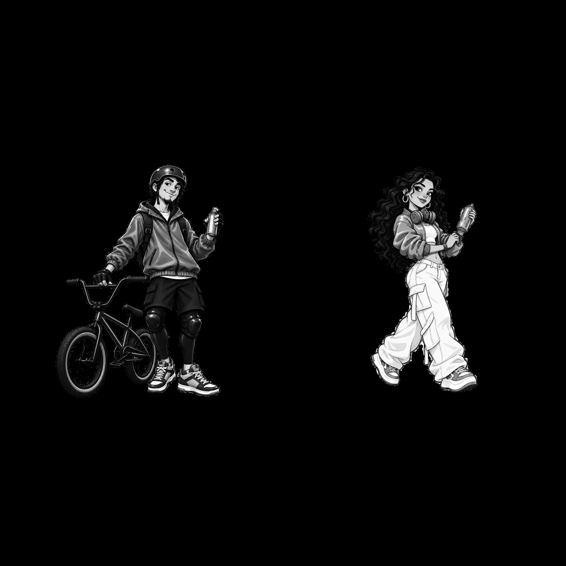 Cool graffiti sprayer with BMX bike and stylish female figure - AI-generated stock image