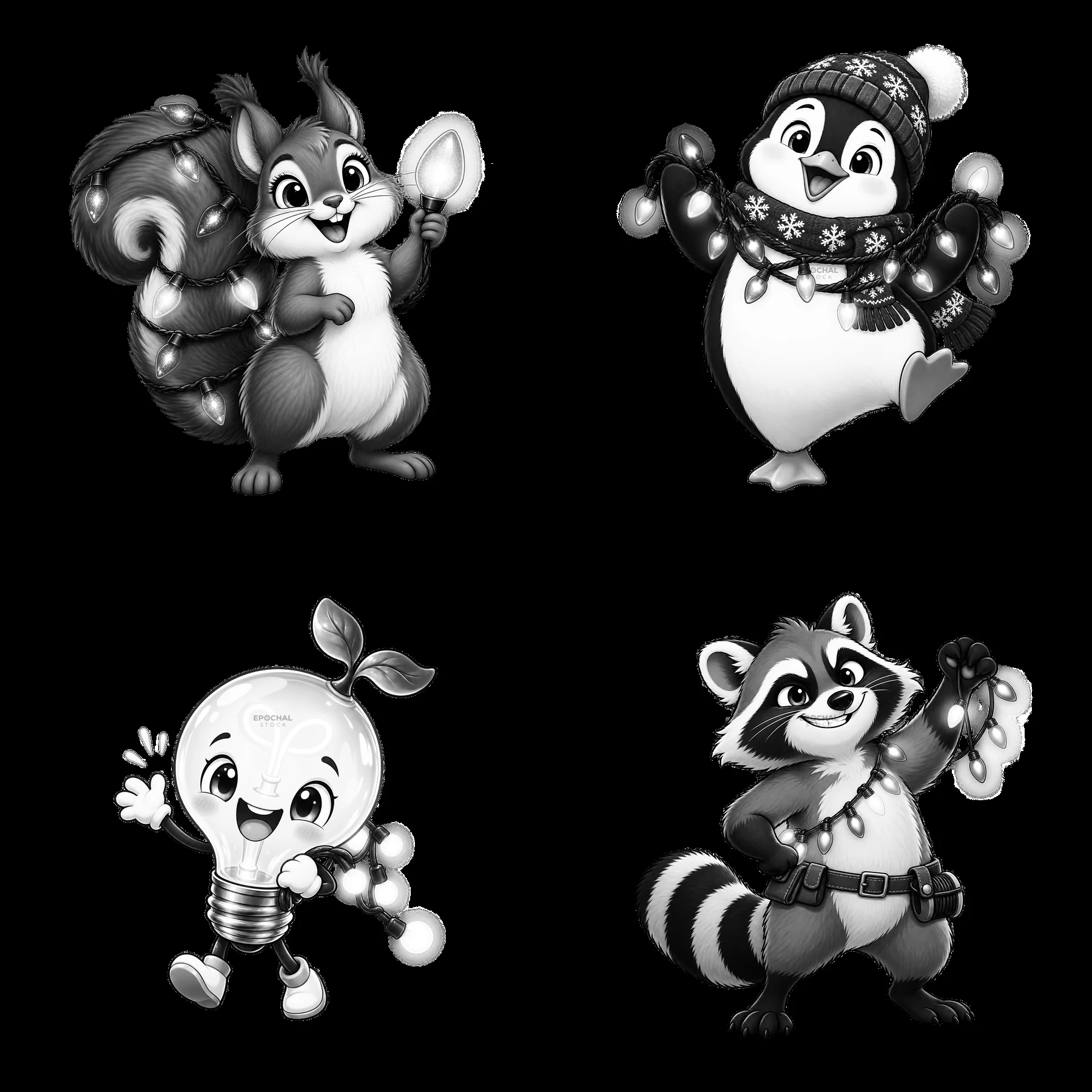 Squirrel, penguin, light bulb, and raccoon holding string lights - AI-generated stock image
