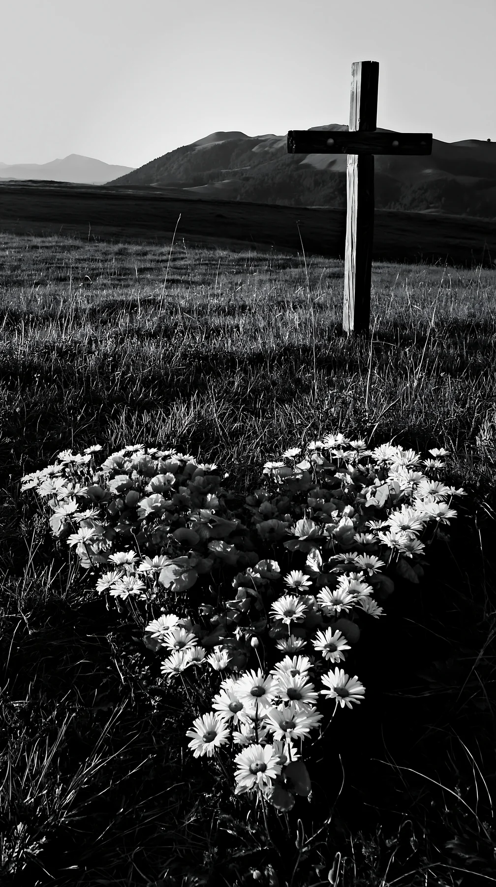 Christian cross in meadow at sunrise with flowers - AI-generated stock image