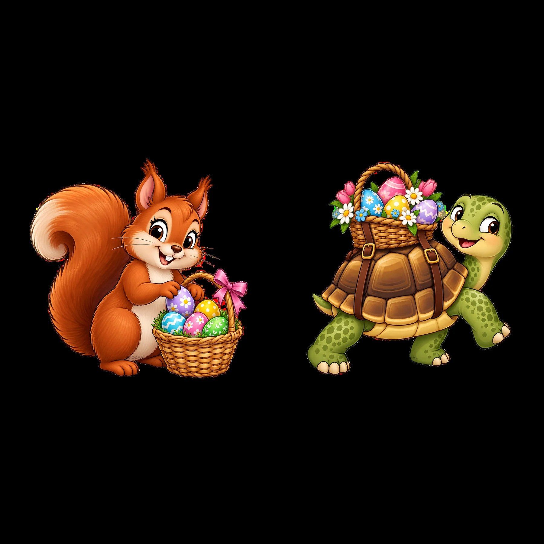 Squirrel and turtle carry Easter baskets filled with eggs and flowers - AI-generated stock image