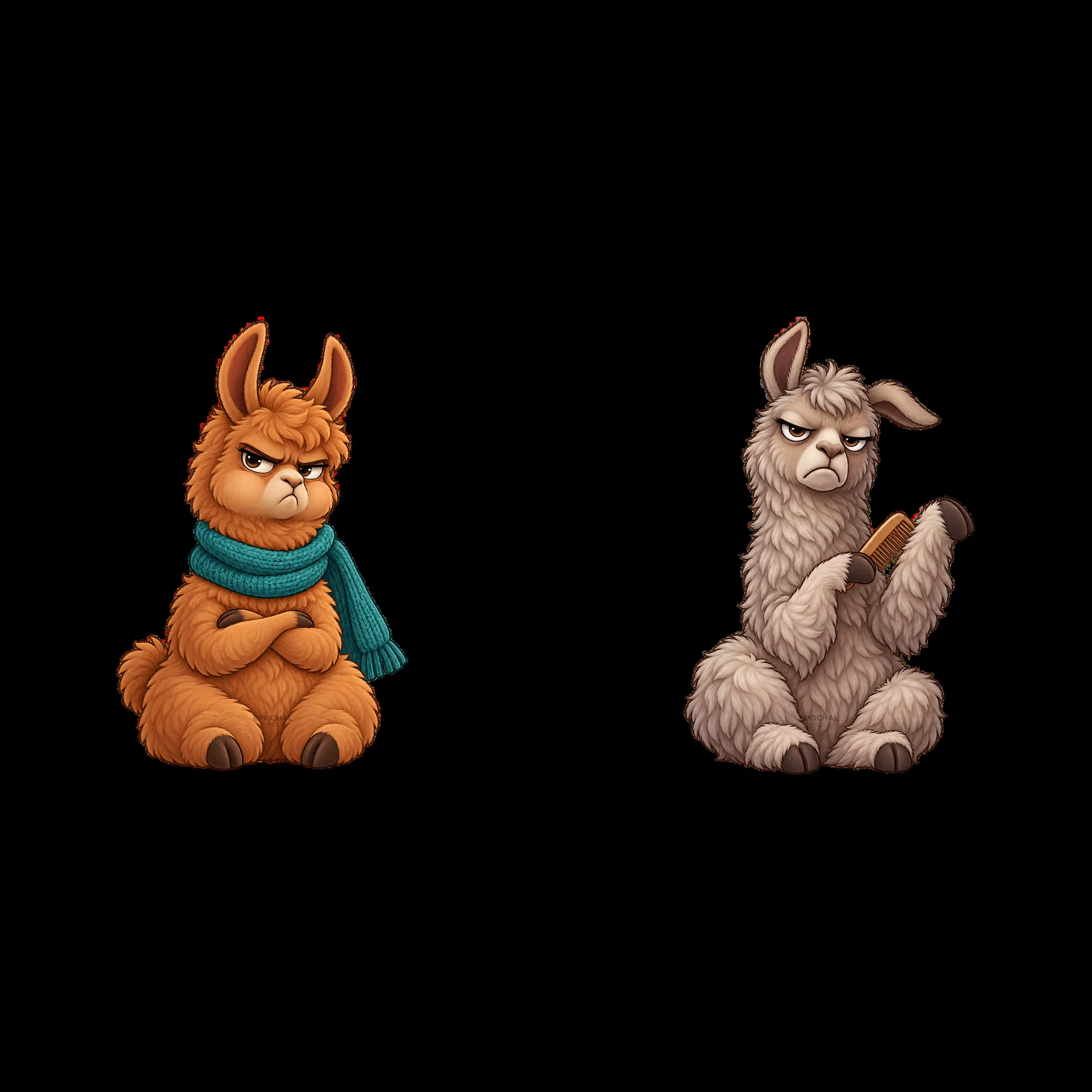 Grumpy llamas with frowns and colorful scarves - AI-generated stock image