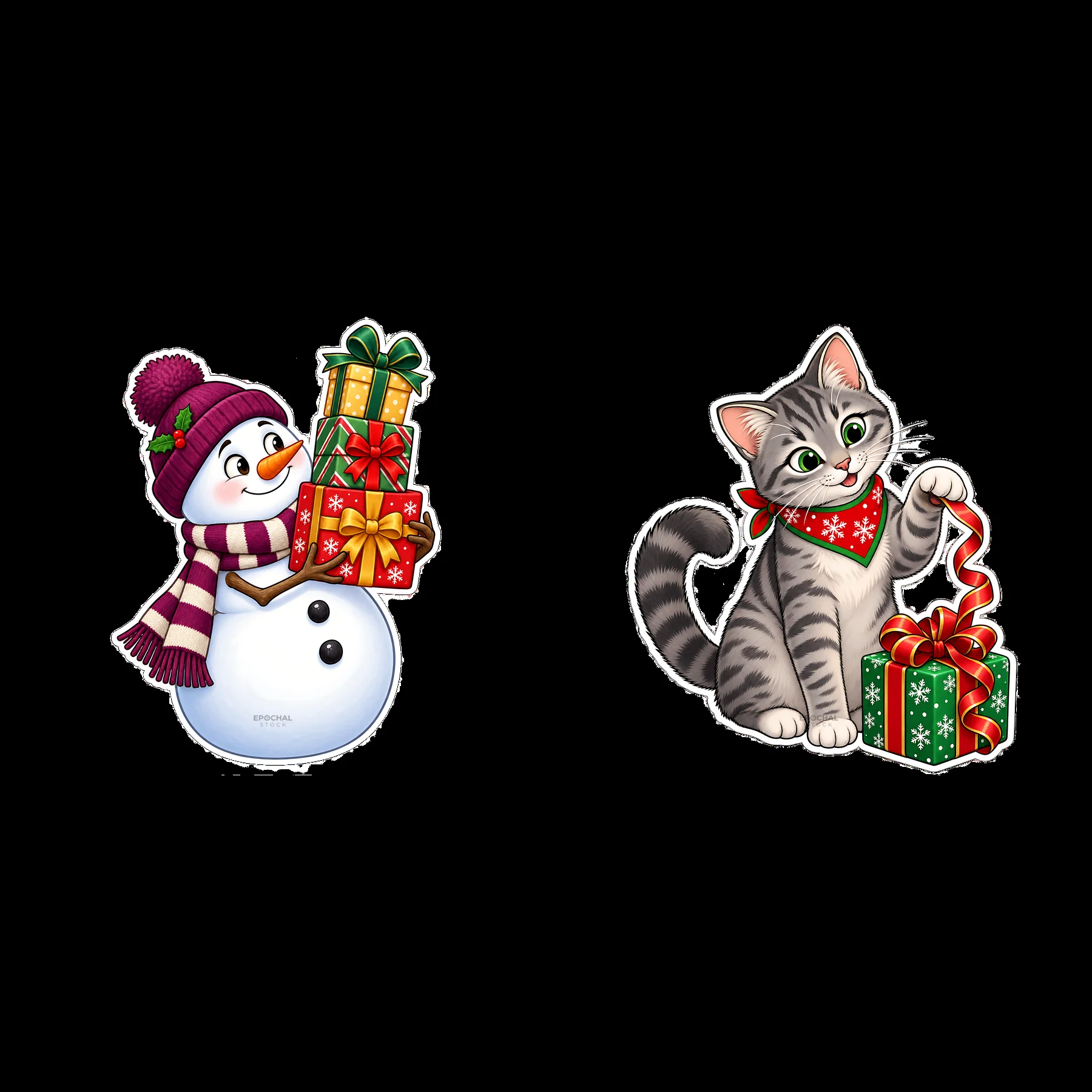 Snowman and cat with Christmas presents in festive setting - AI-generated stock image