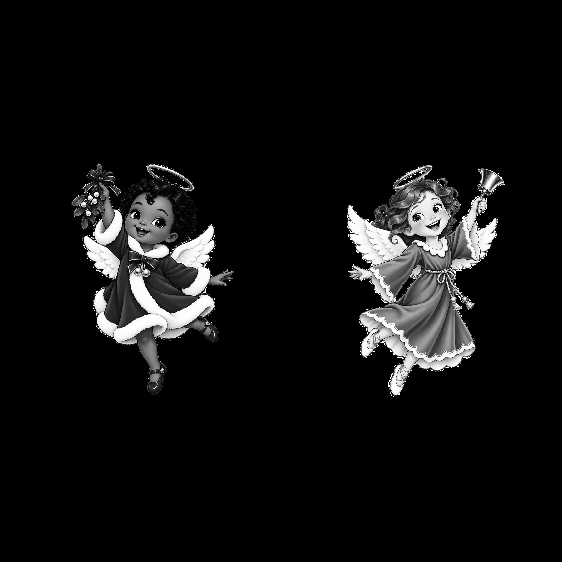 Cartoon angels celebrating Christmas with bell and mistletoe - AI-generated stock image