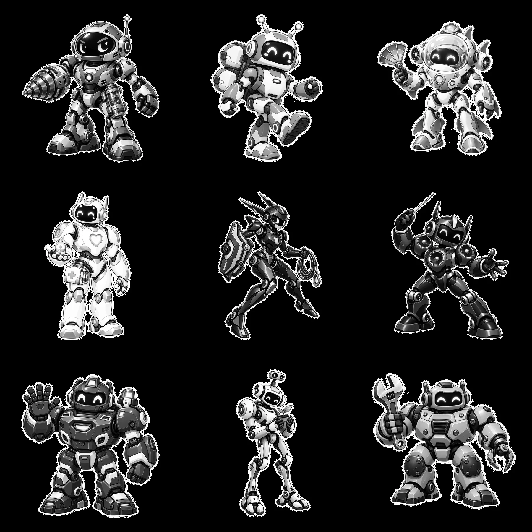 Nine unique mech robot stickers in a 3x3 grid layout - AI-generated stock image
