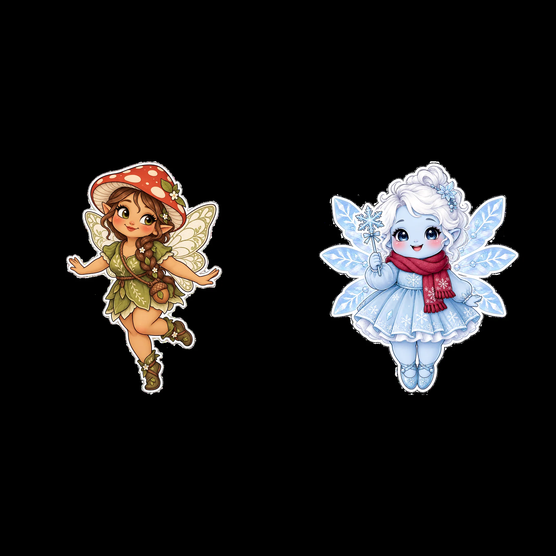 Kawaii chubby fairy duo with mushroom hat and winter attire - AI-generated stock image