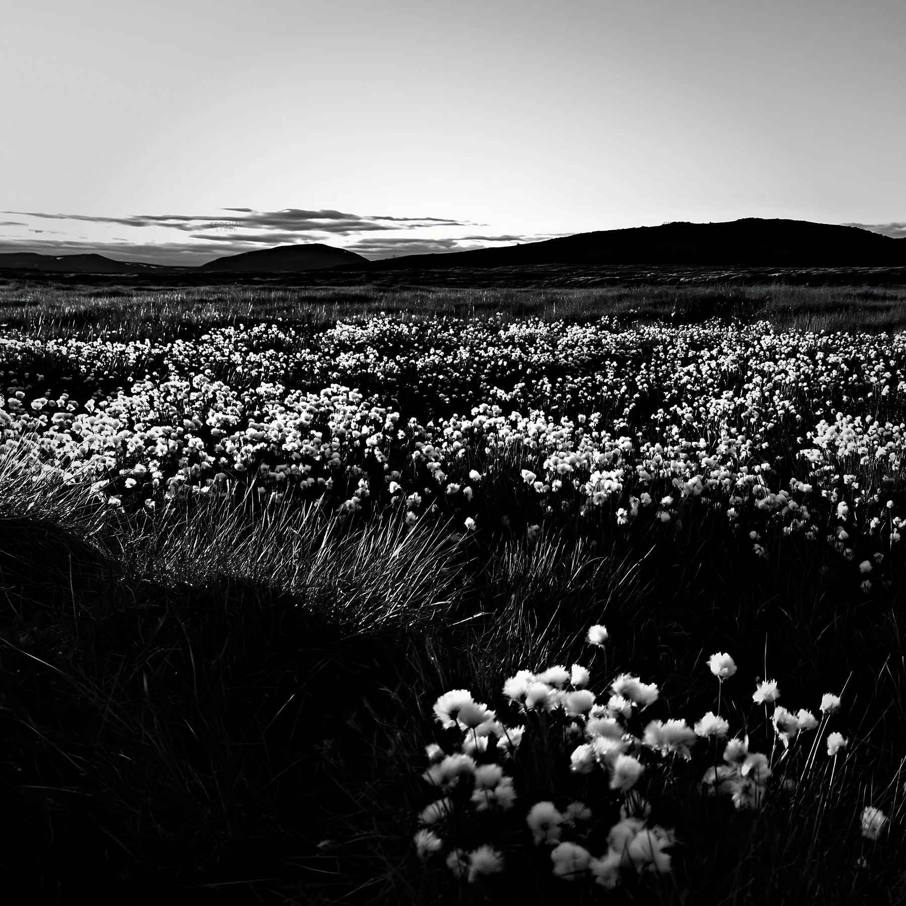 Black and white cottongrass meadow glow at sunset across a vast landscape - AI-generated stock image