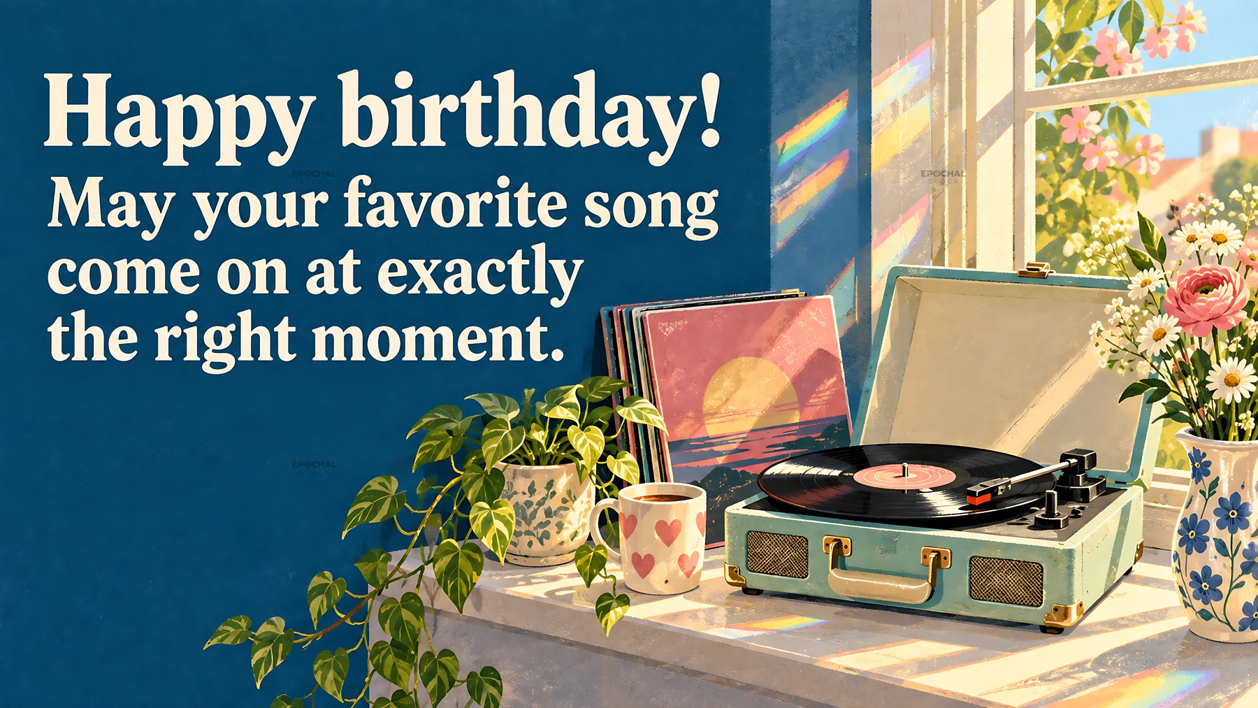 Birthday greeting with a sunny turntable and flowers - AI-generated stock image