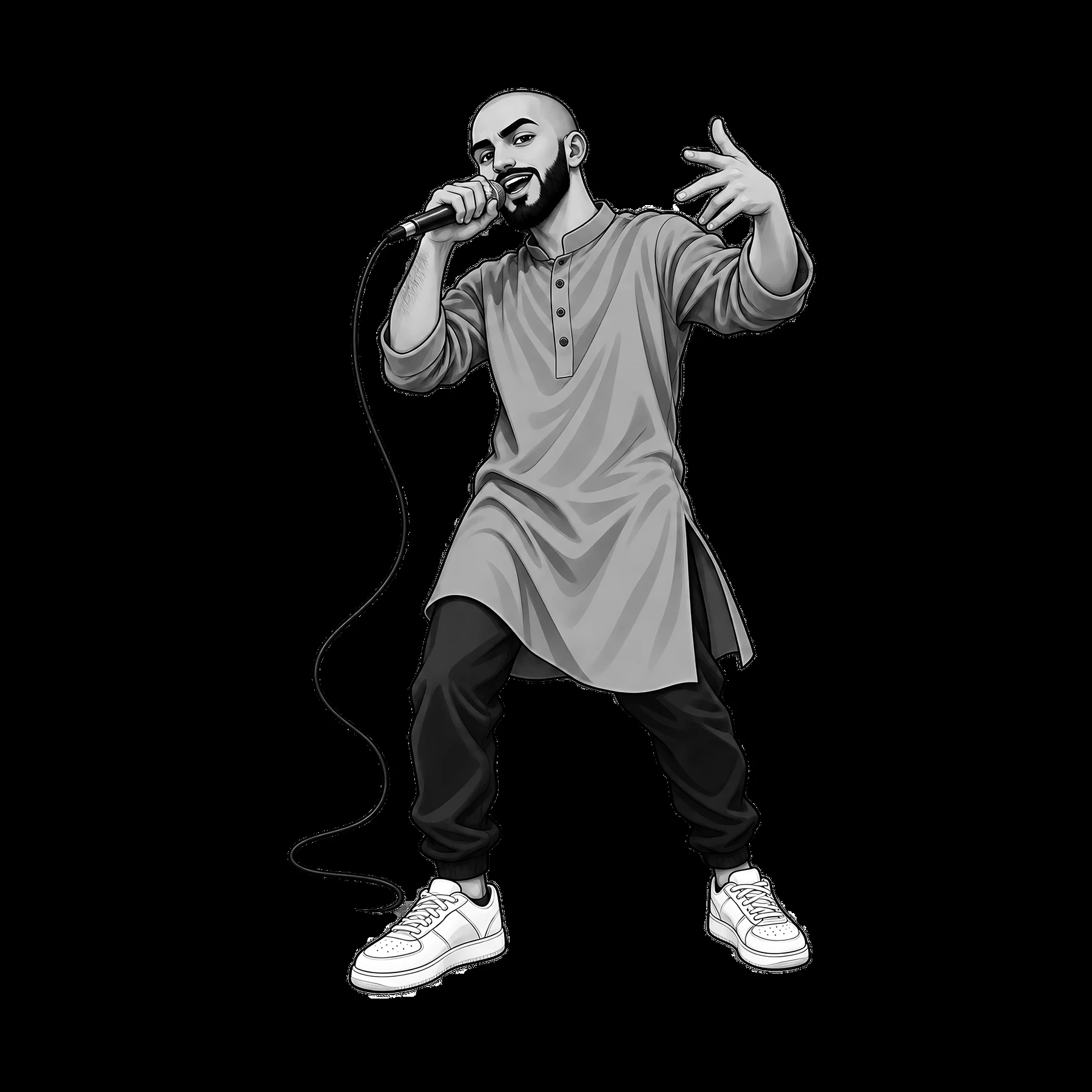Hip-hop artist performing with a microphone and expressive pose - AI-generated stock image